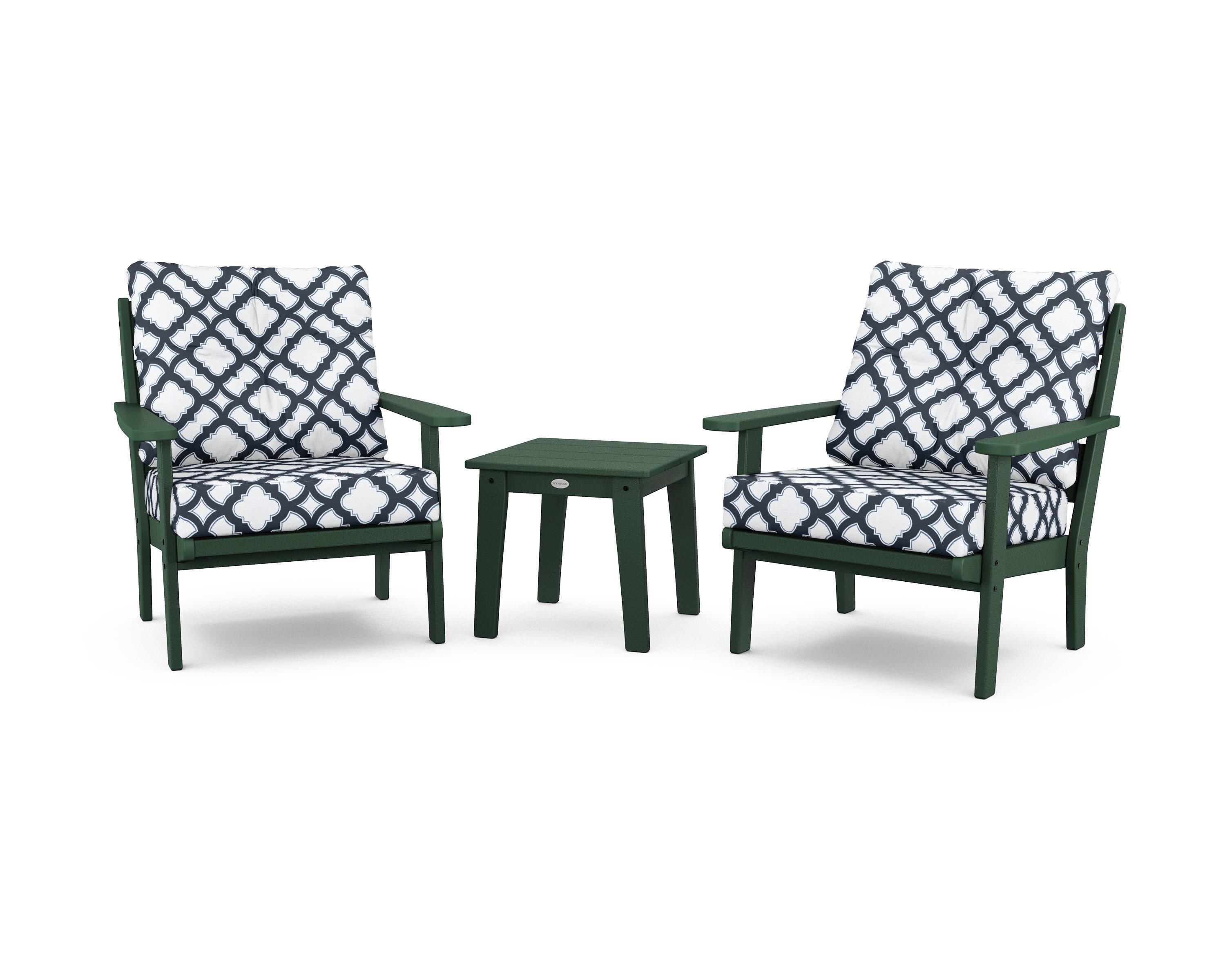 Lakeside 3-Piece Deep Seating Chair Set in Green / Trellis Marine Indigo