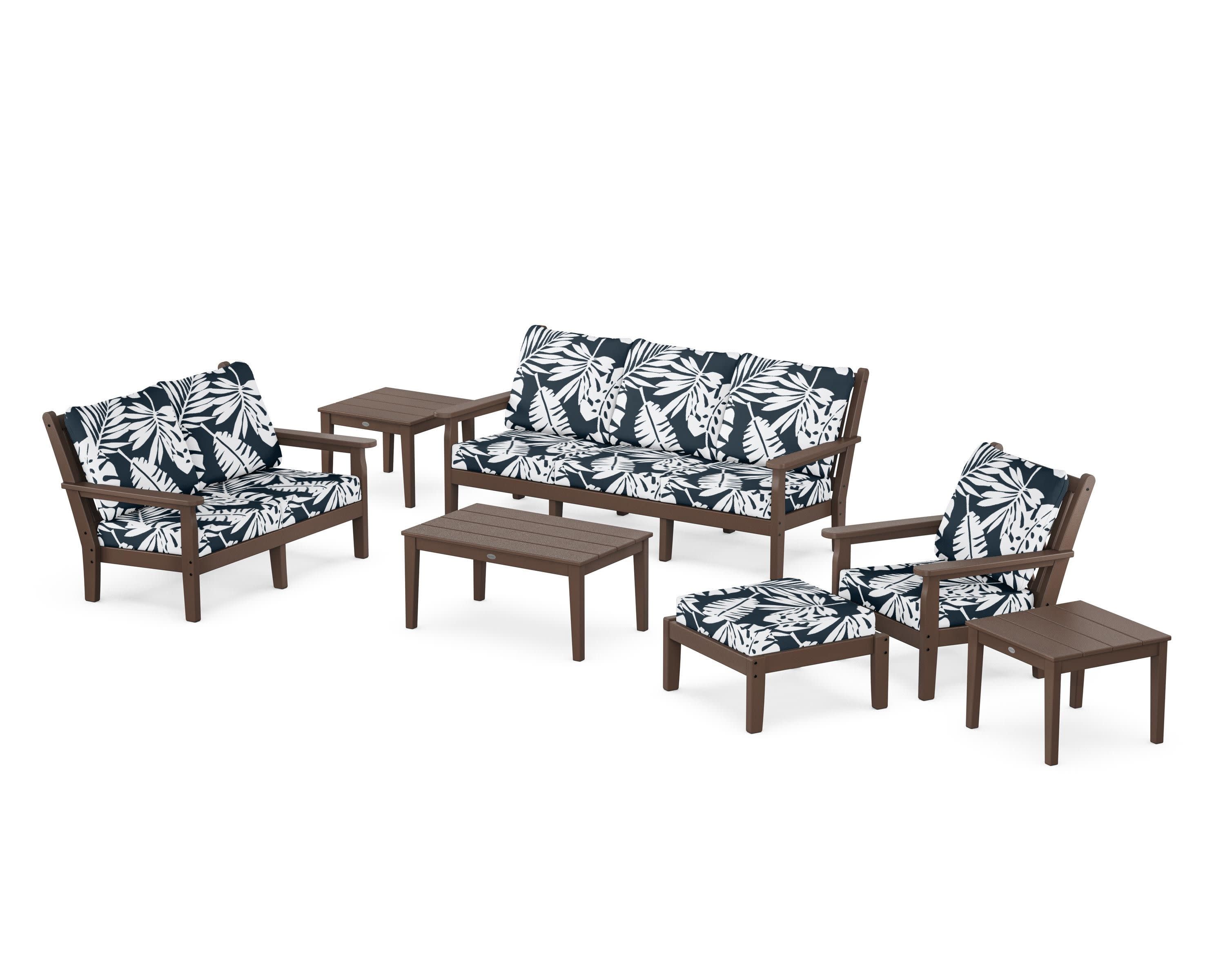 Chippendale 7-Piece Deep Seating Set in Mahogany / Leaf Marine Indigo