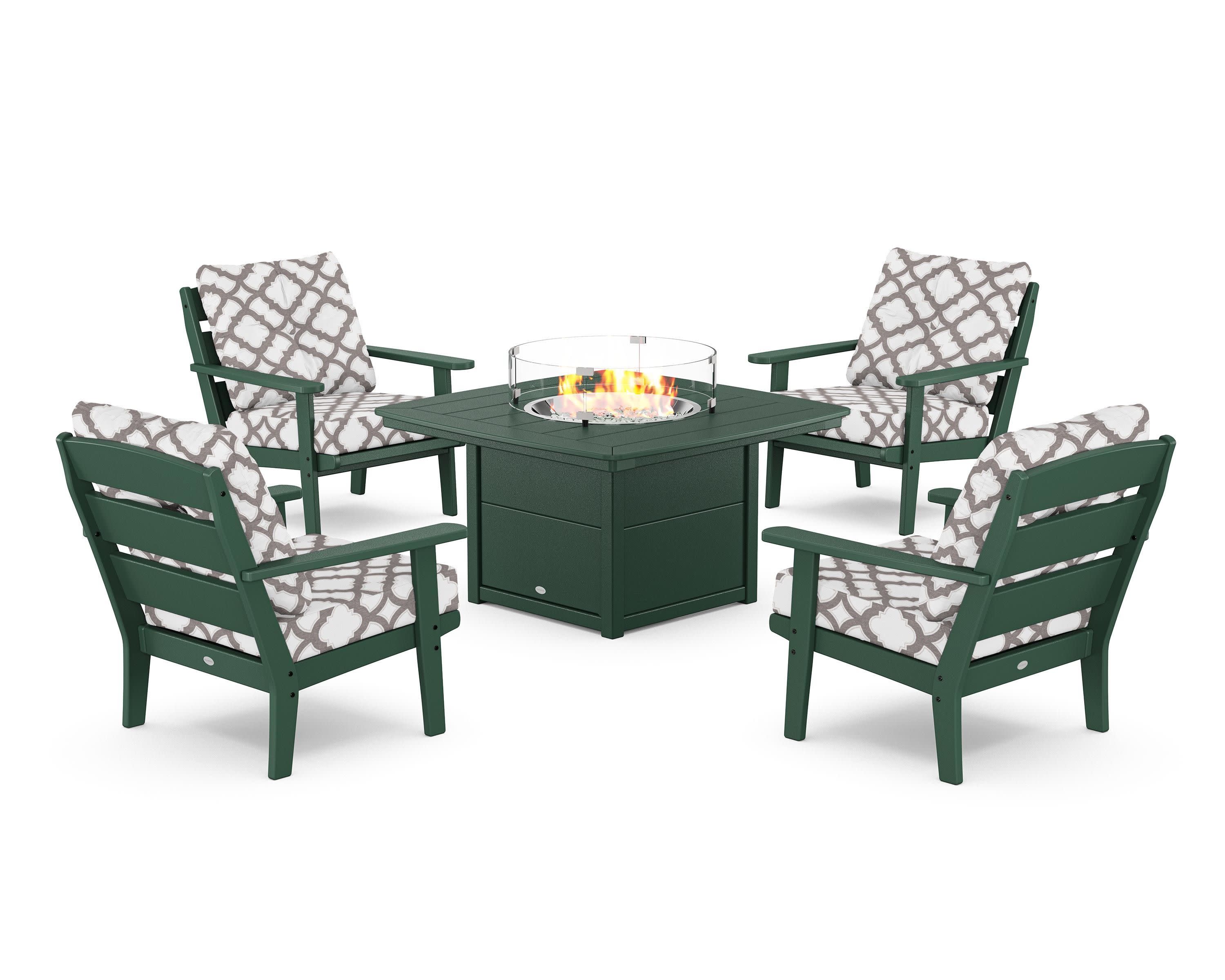Lakeside 5-Piece Deep Seating Set with Nautical Fire Pit Table in Green / Trellis Grey Mist