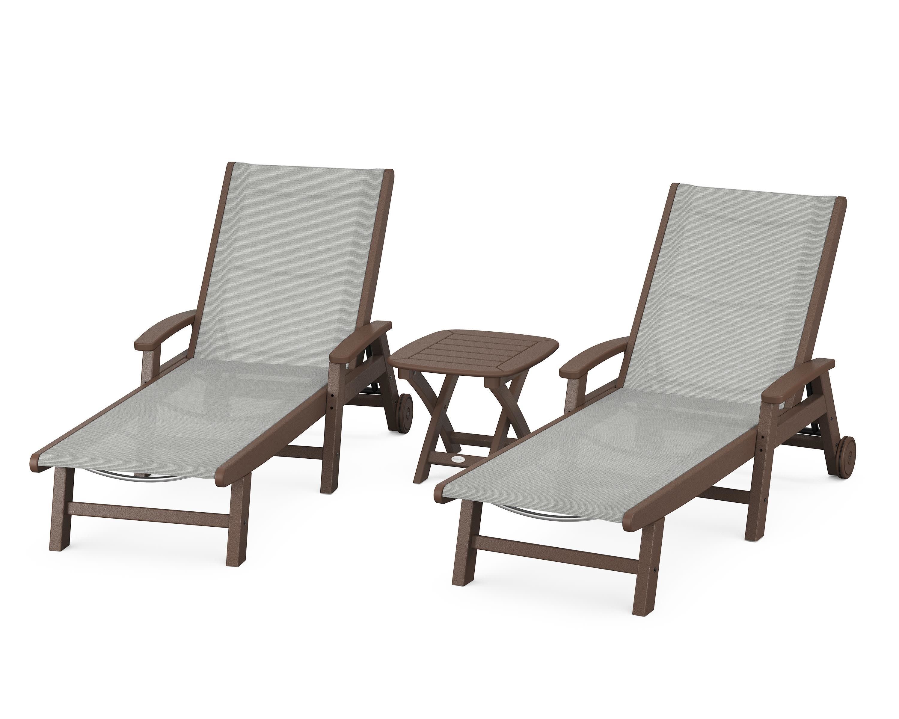 Coastal 3-Piece Wheeled Chaise Set in Mahogany / Metallic Sling