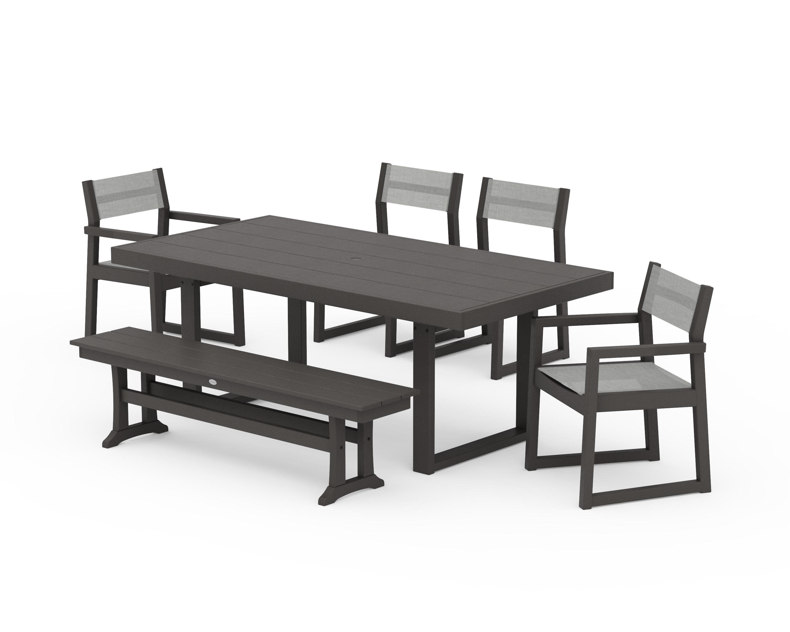 EDGE Sling 6-Piece Dining Set with Bench in Vintage Coffee / Metallic Sling