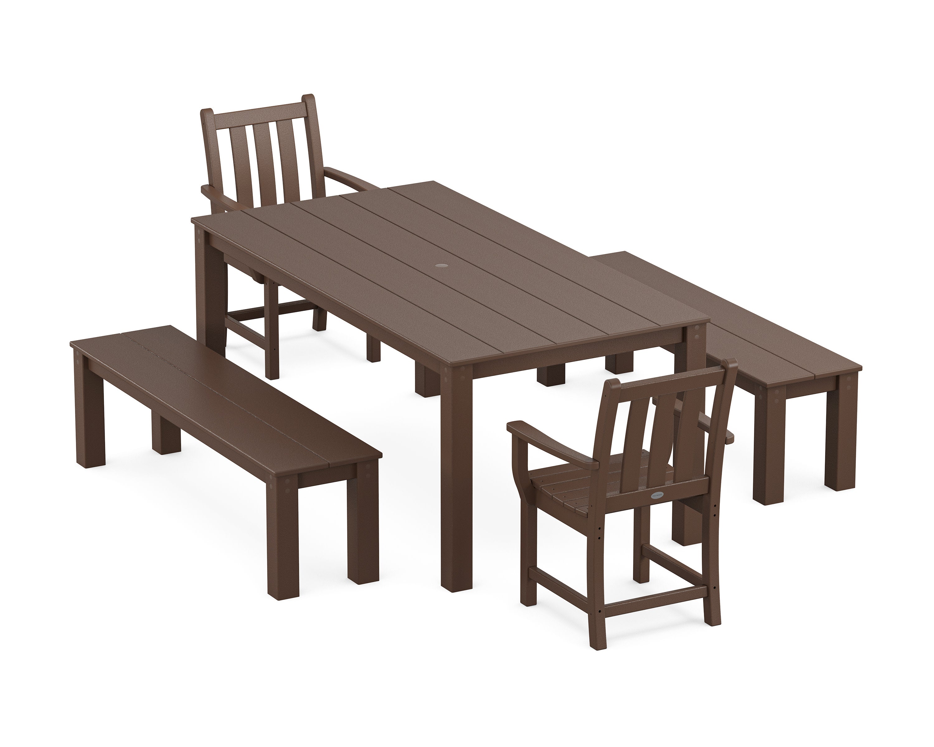 Traditional Garden 5-Piece Parsons Dining Set with Benches in Mahogany