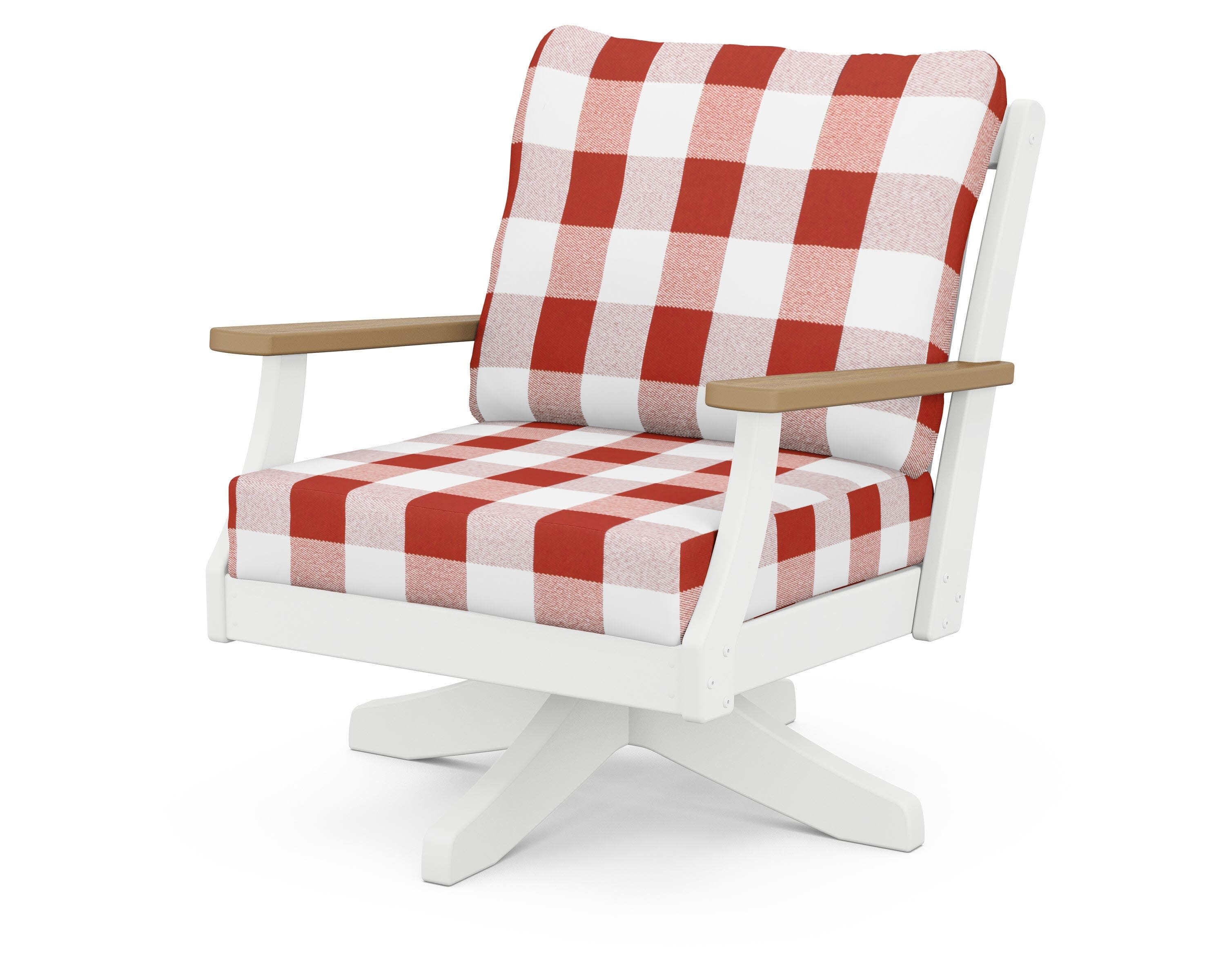 Braxton Deep Seating Swivel Chair in White / Natural / Buffalo Plaid Crimson