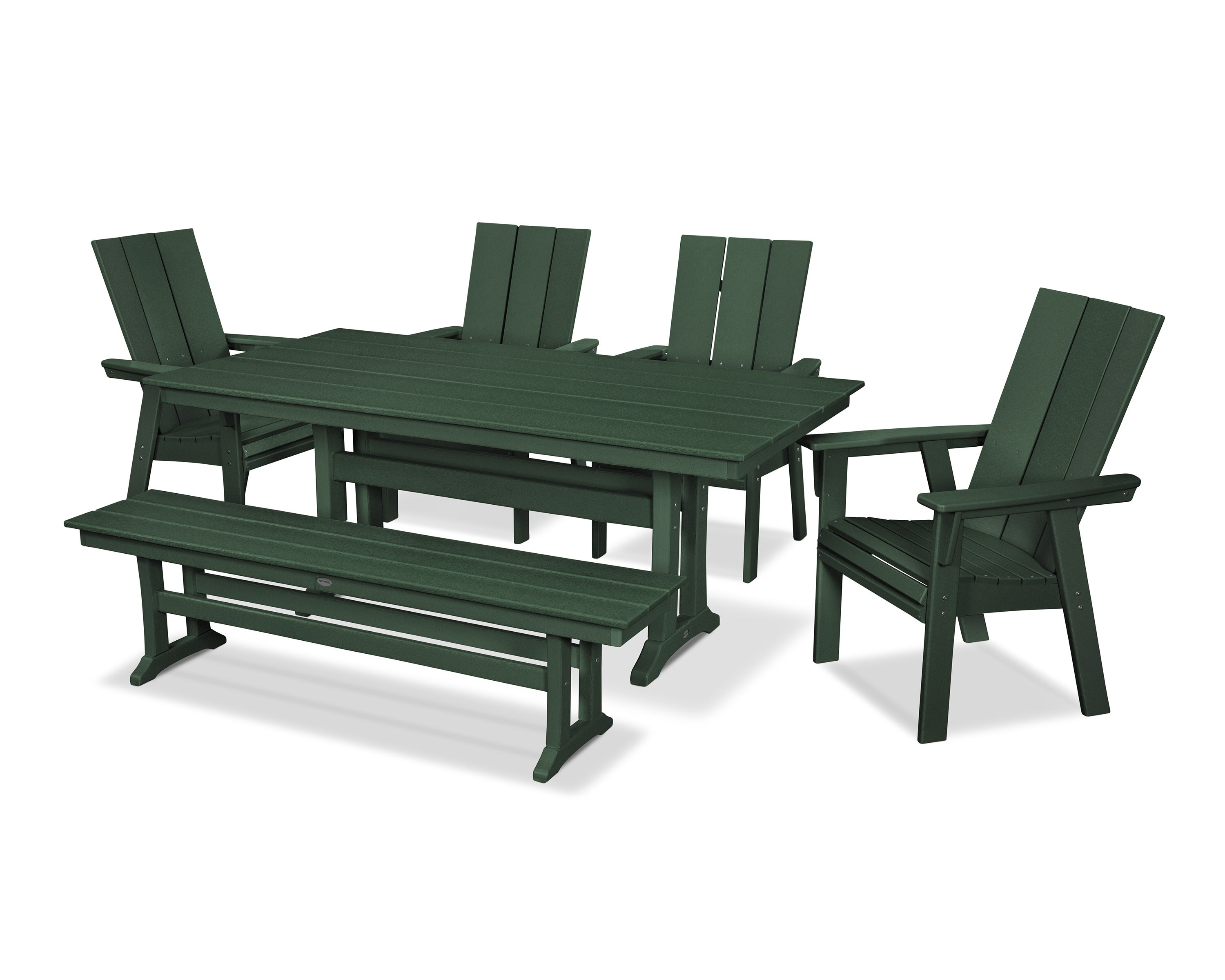 Modern Curveback Adirondack 6-Piece Farmhouse Dining Set with Trestle Legs and Bench in Green