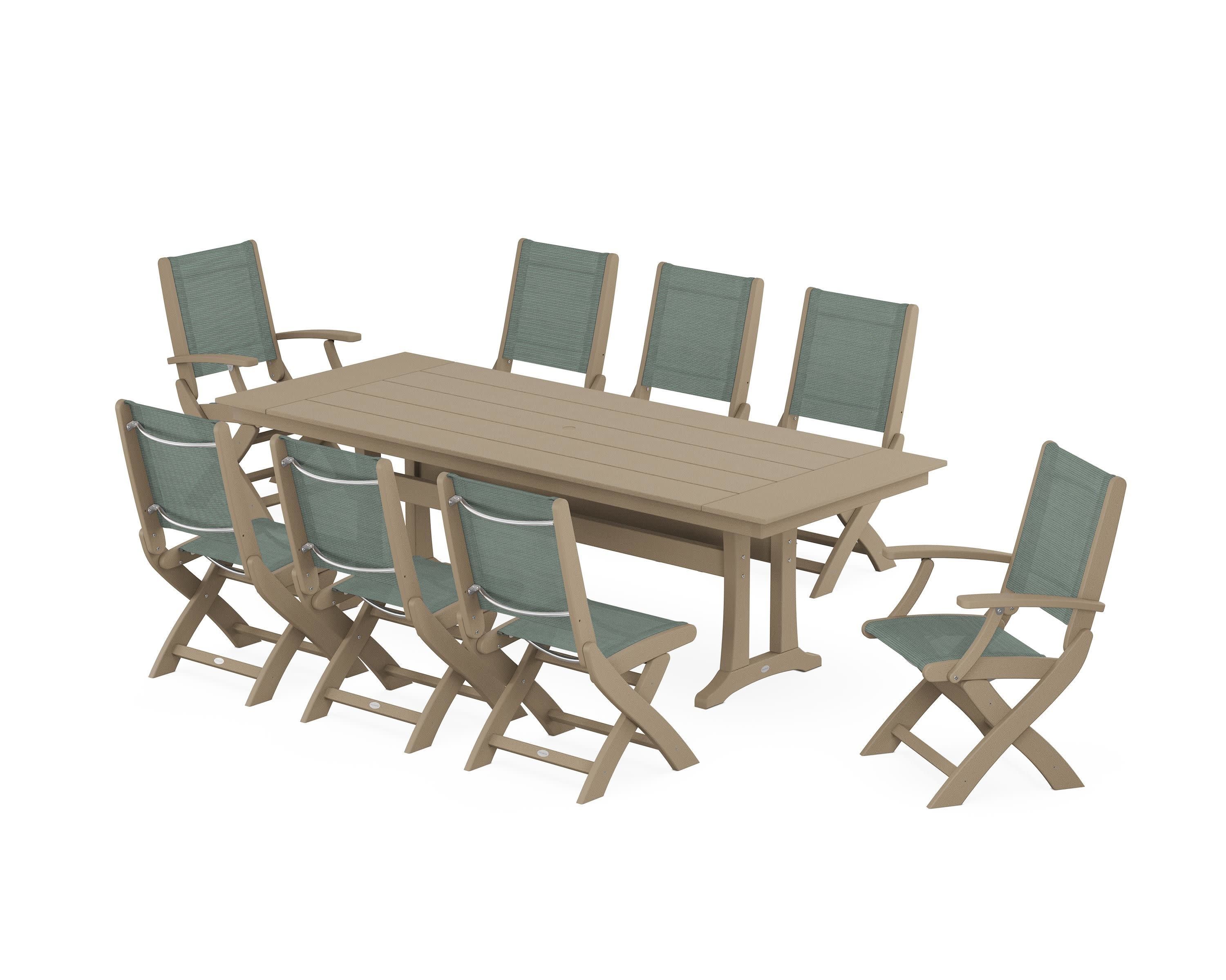 Coastal 9-Piece Folding Dining Chair Farmhouse Dining Set with Trestle Legs in Vintage Sahara / Dupioni Sea Mist Sling
