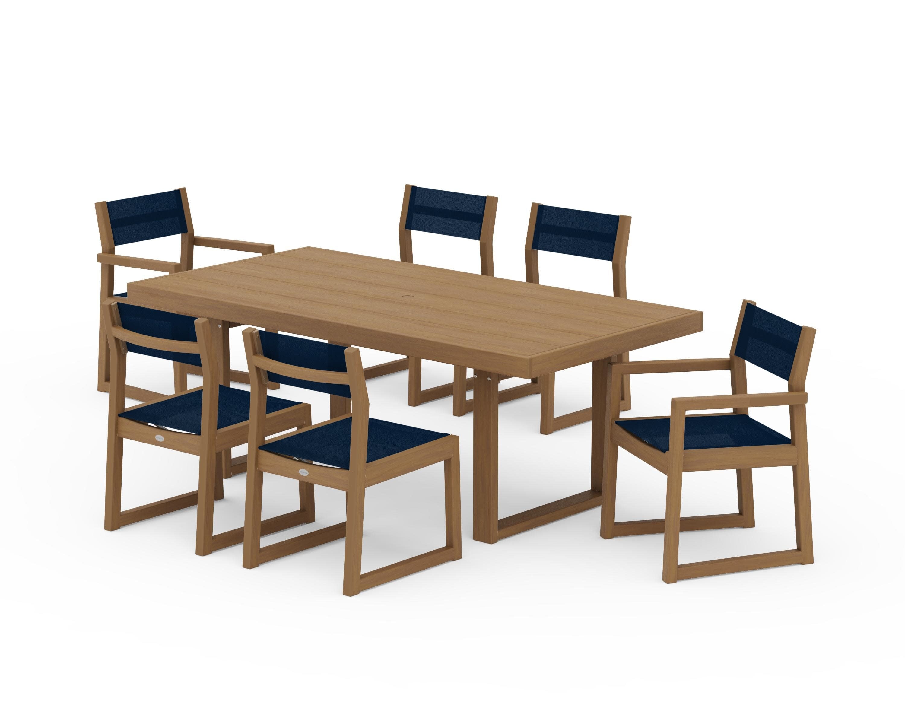 EDGE Sling 7-Piece Dining Set in Natural / Navy Blue Sling