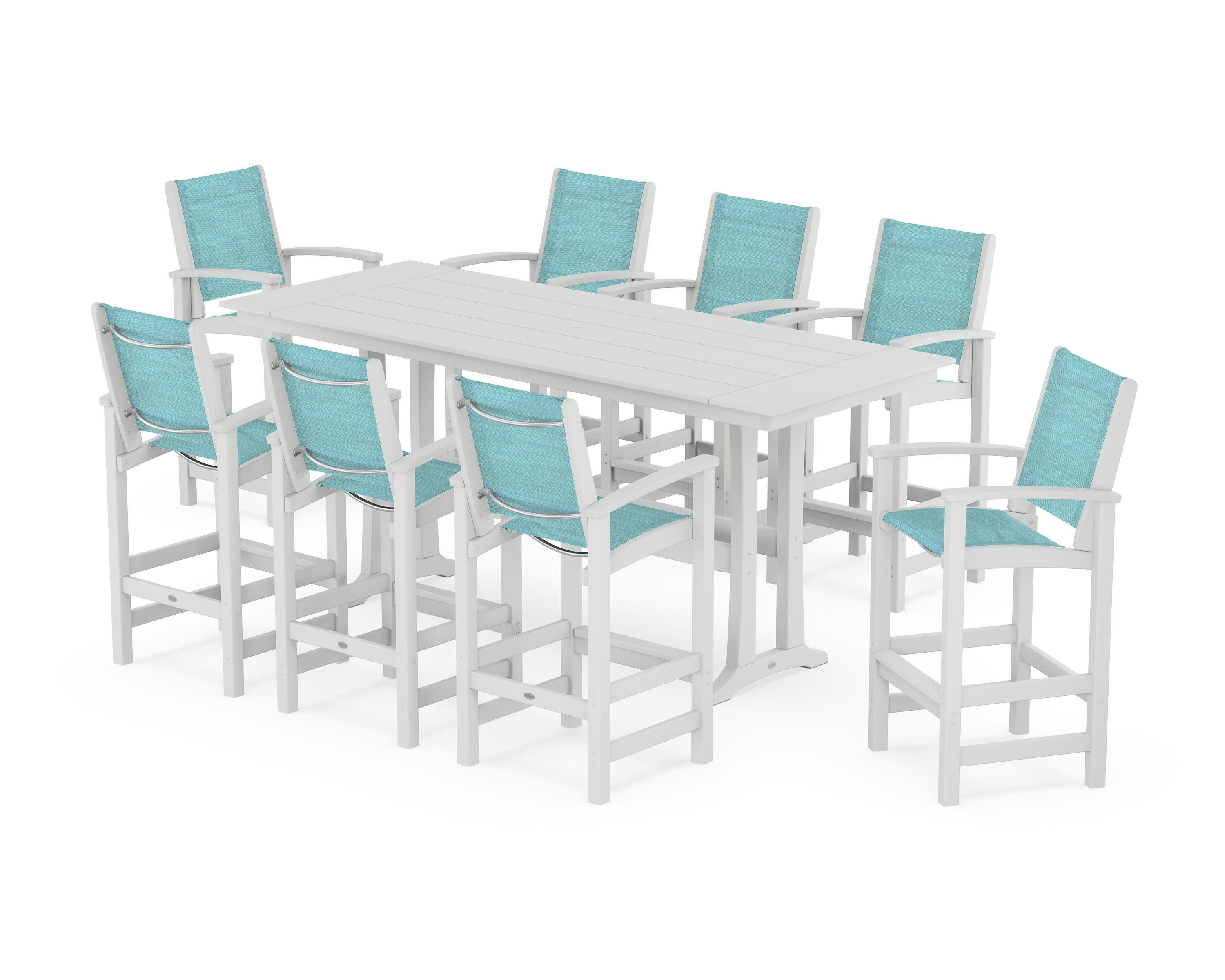Coastal 9-Piece Farmhouse Bar Set with Trestle Legs in White / Dupioni Aquamarine Sling