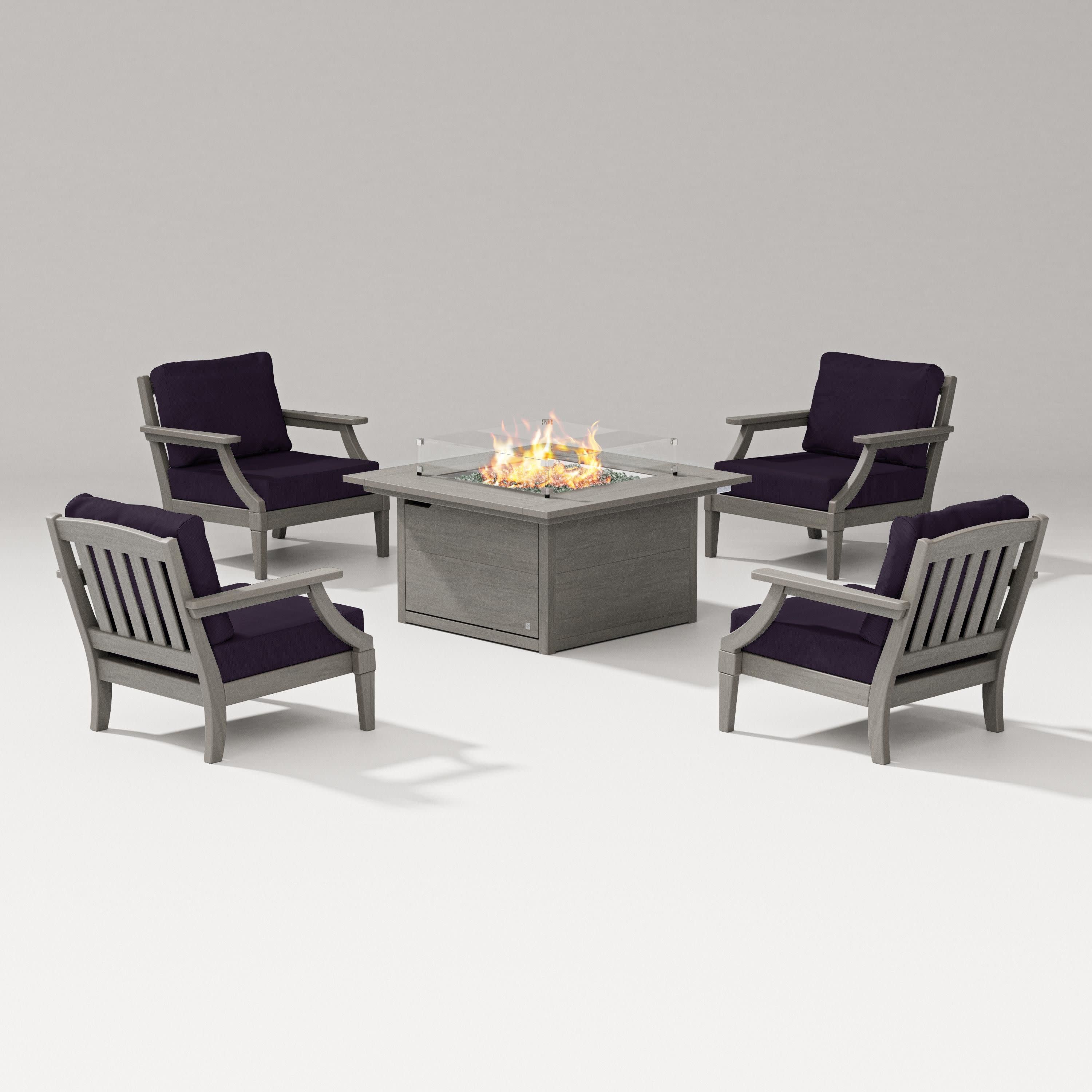 Estate 5-Piece Lounge Fire Table Set in Driftwood / Navy Linen