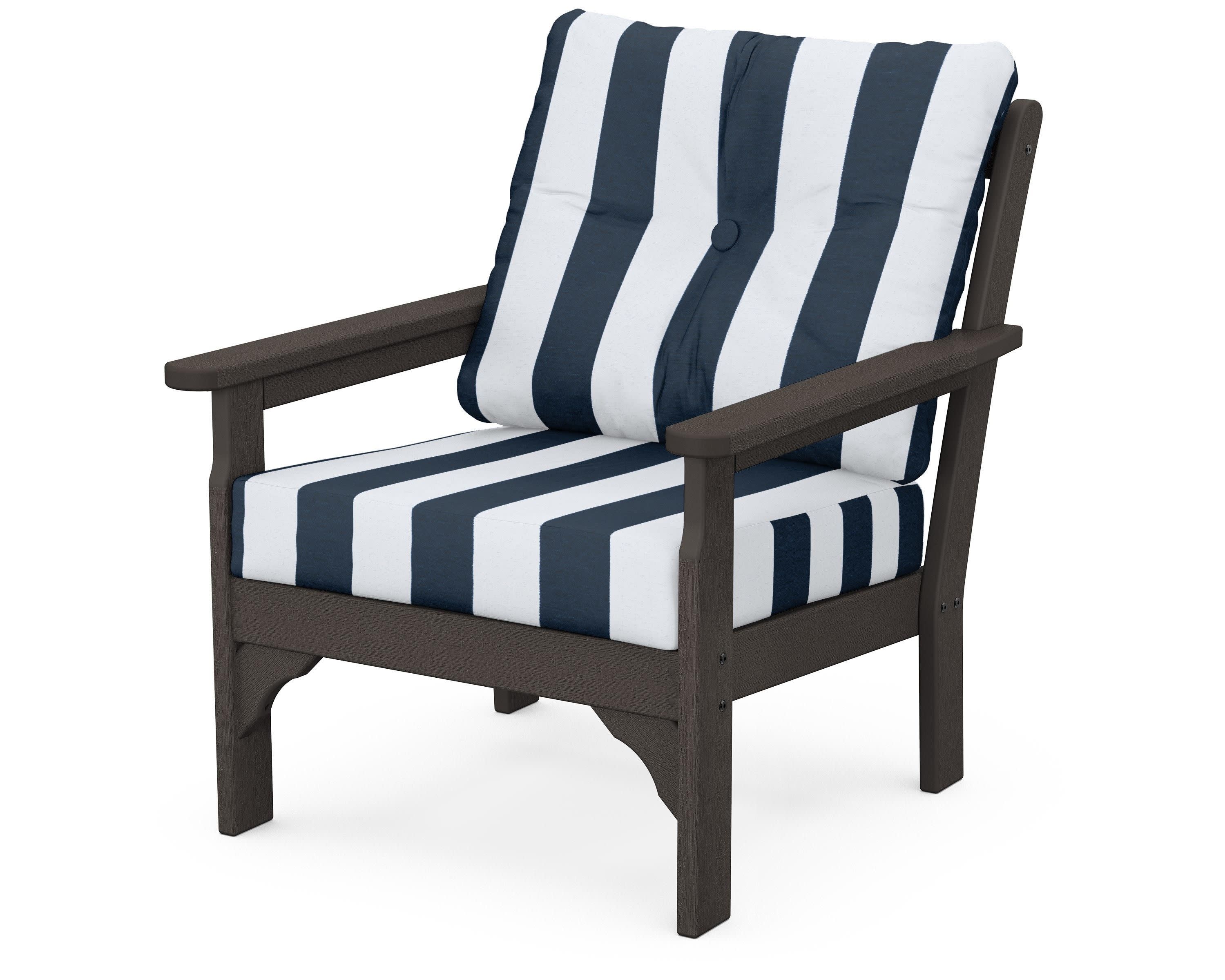 Vineyard Deep Seating Chair in Vintage Coffee / Cabana Stripe Marine Indigo