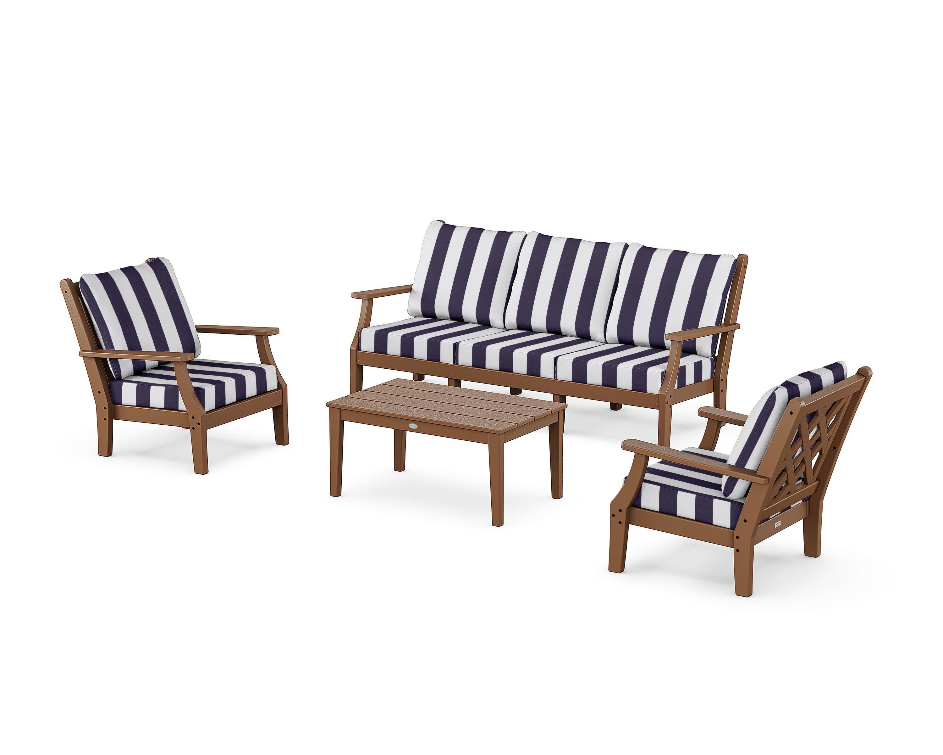 Wovendale 4-Piece Deep Seating Set with Sofa in Teak / Cabana Stripe Navy