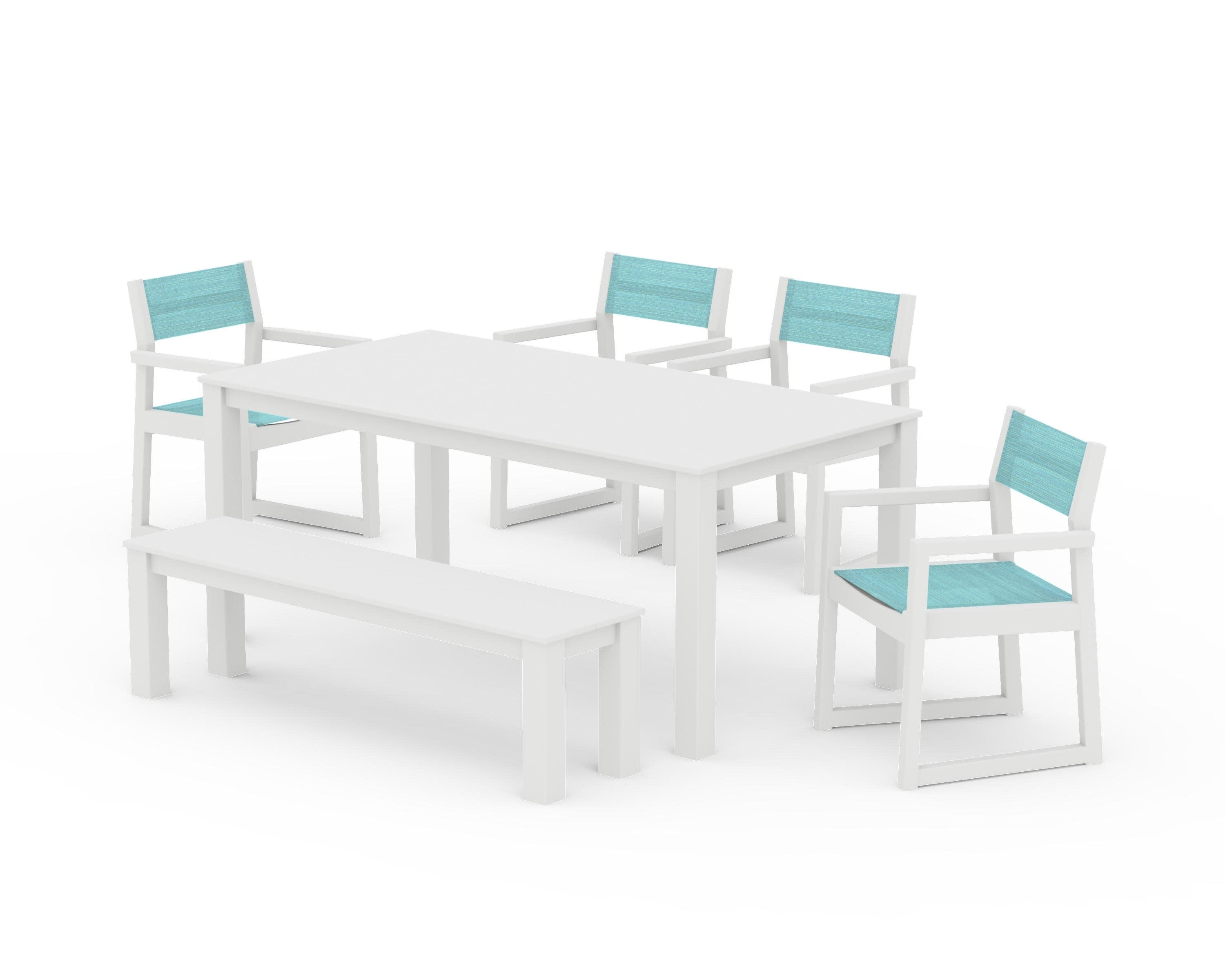 EDGE Sling Arm Chair 6-Piece Parsons Dining Set with Bench in White / Dupioni Aquamarine Sling