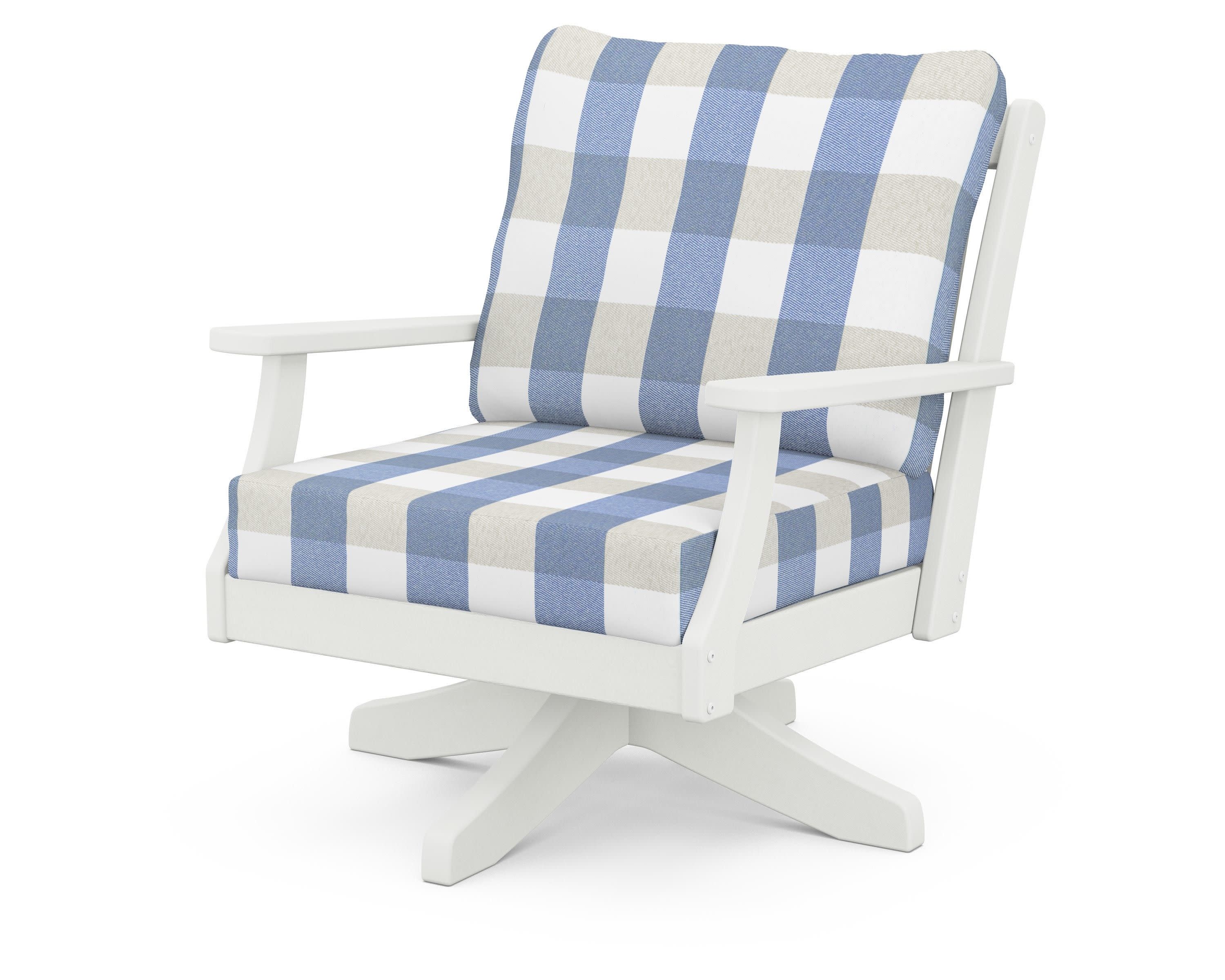 Braxton Deep Seating Swivel Chair in Vintage White / Buffalo Plaid Sky Blue