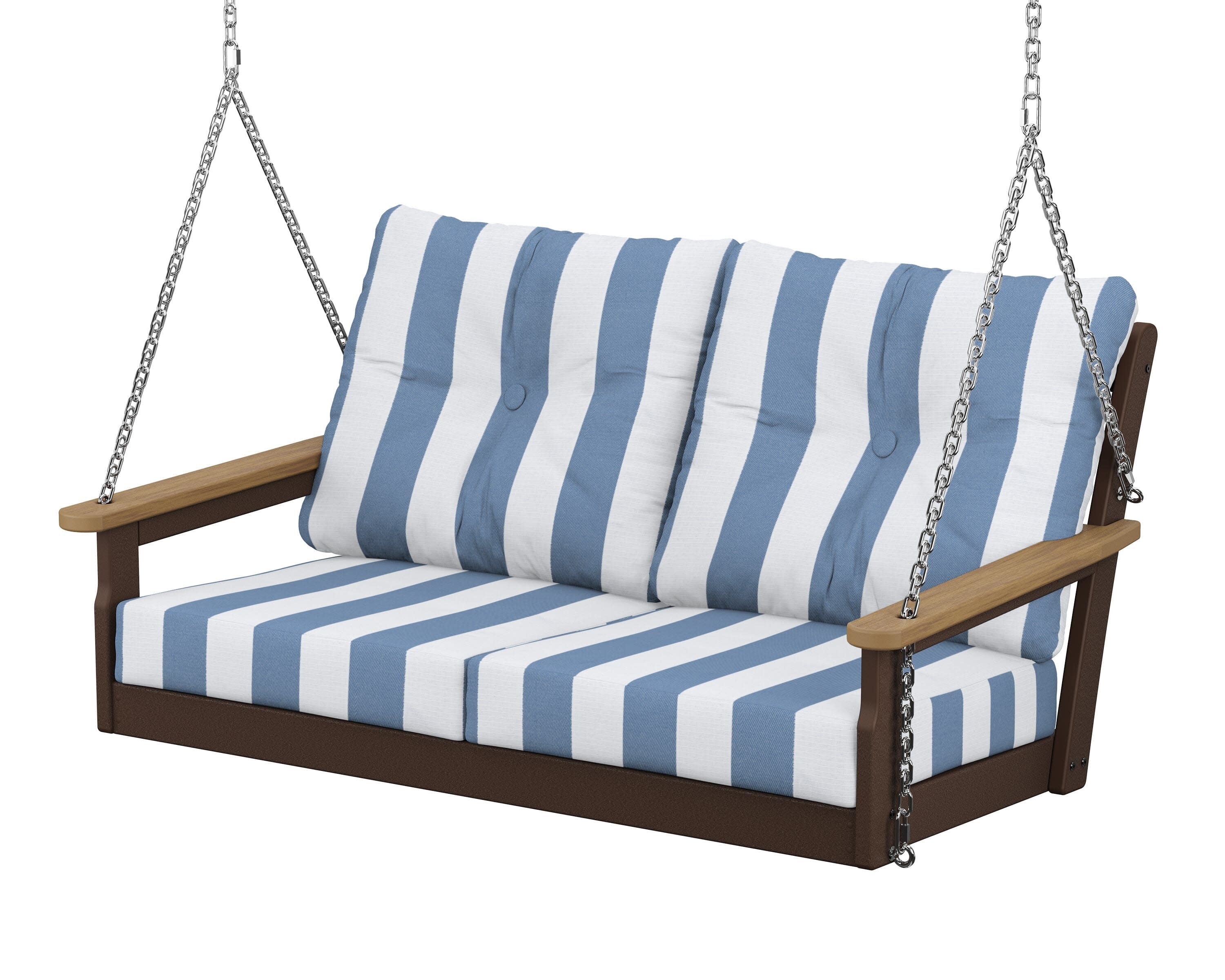 Vineyard Deep Seating Swing in Mahogany / Natural / Cabana Stripe Sky Blue