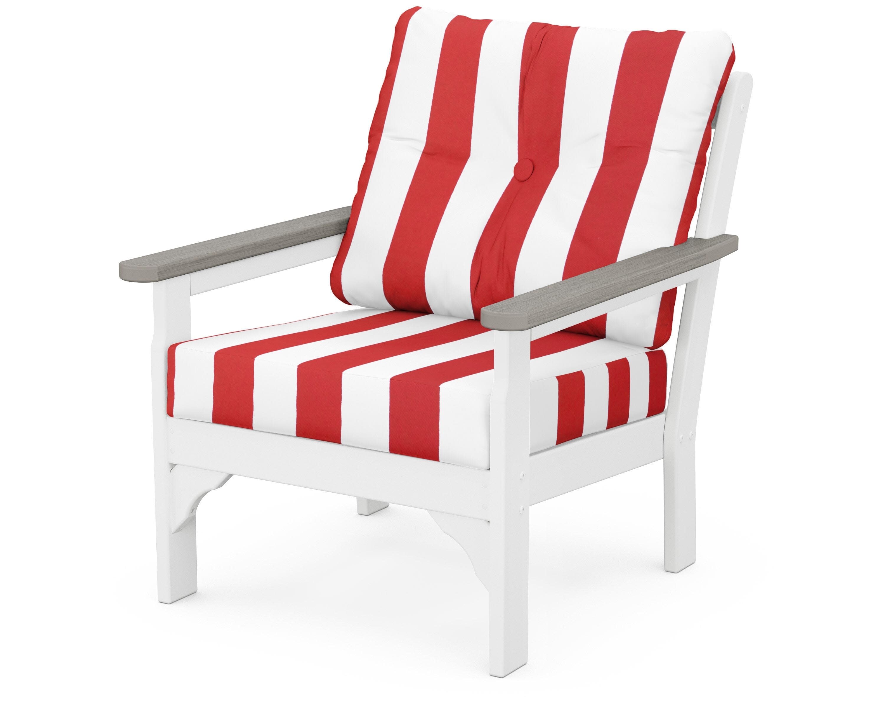 Vineyard Deep Seating Chair in White / Driftwood / Cabana Stripe Crimson