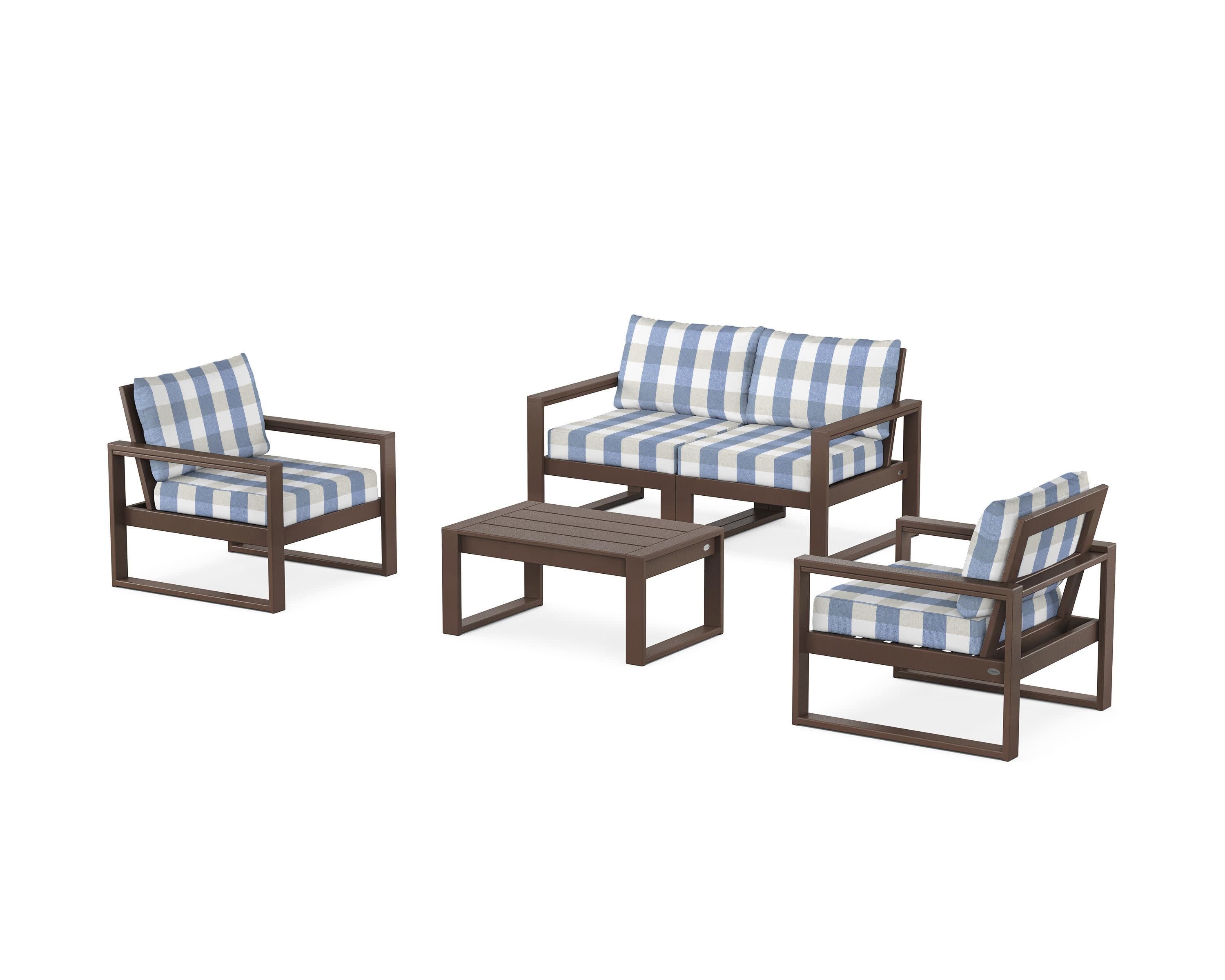 EDGE Sectional 4-Piece Deep Seating Set with Loveseat in Mahogany / Buffalo Plaid Sky Blue