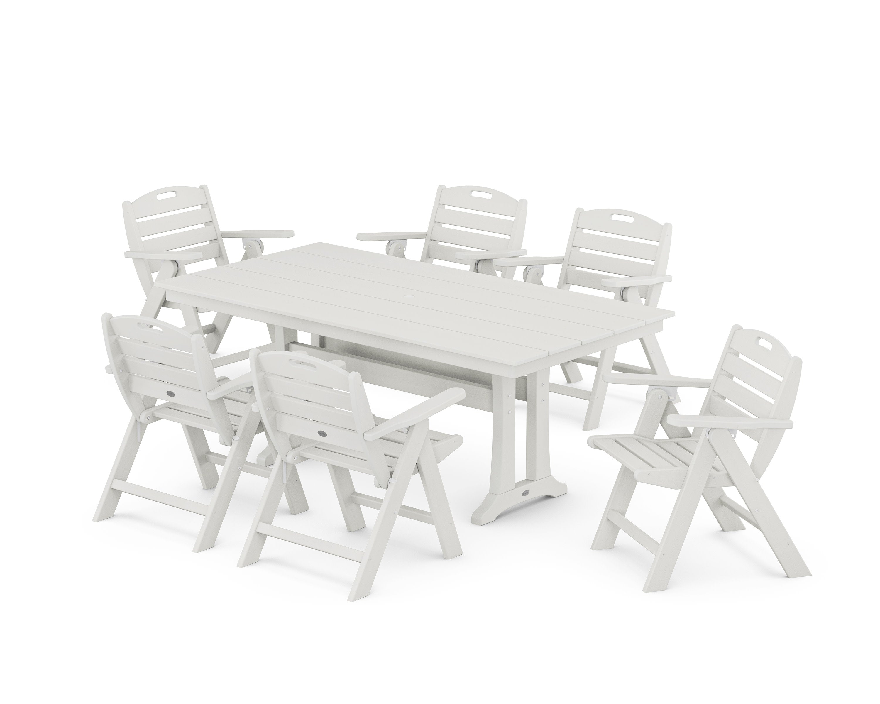 Nautical Lowback 7-Piece Farmhouse Dining Set with Trestle Legs in Vintage White
