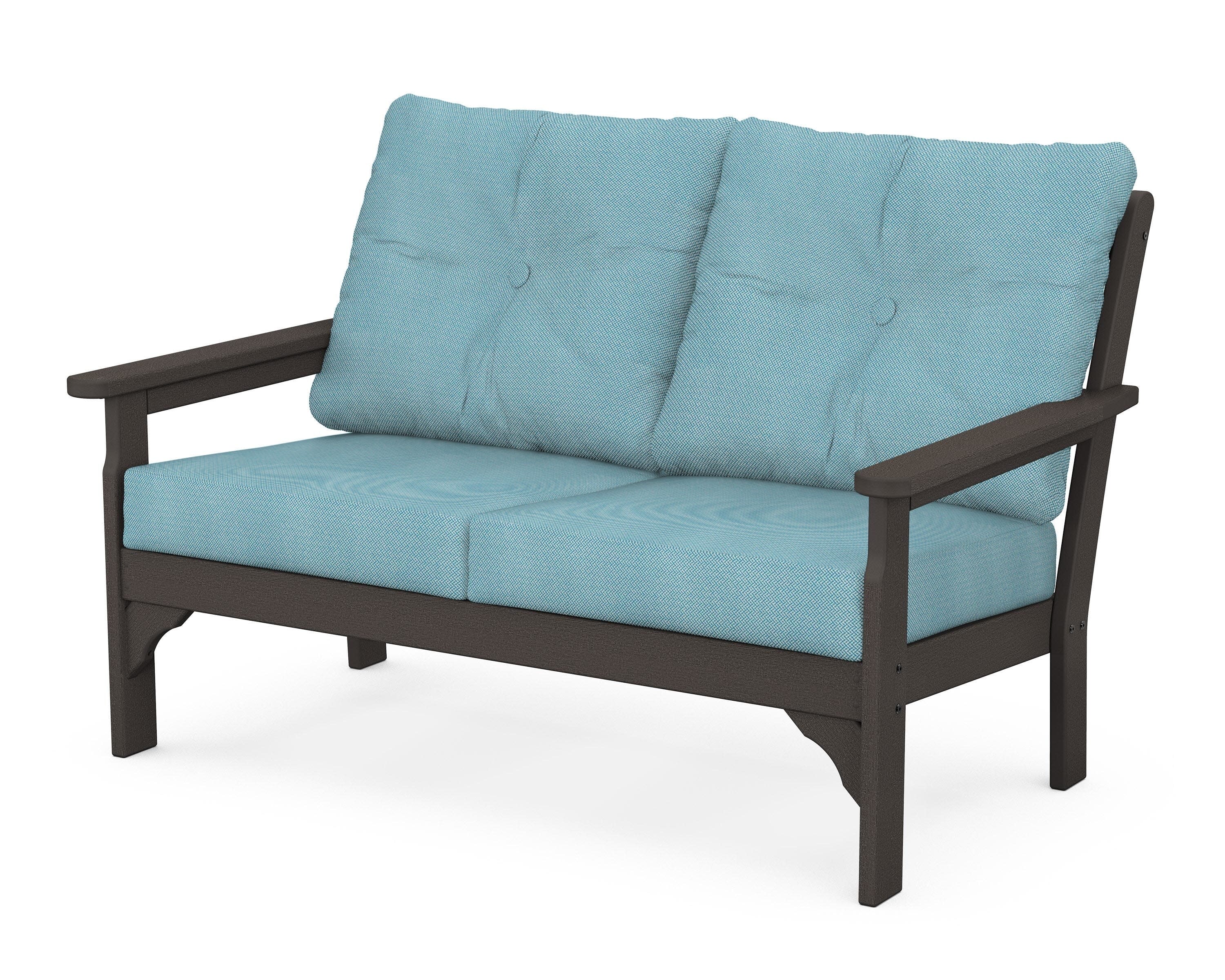 Vineyard Deep Seating Loveseat in Vintage Coffee / Lattice Sky Blue