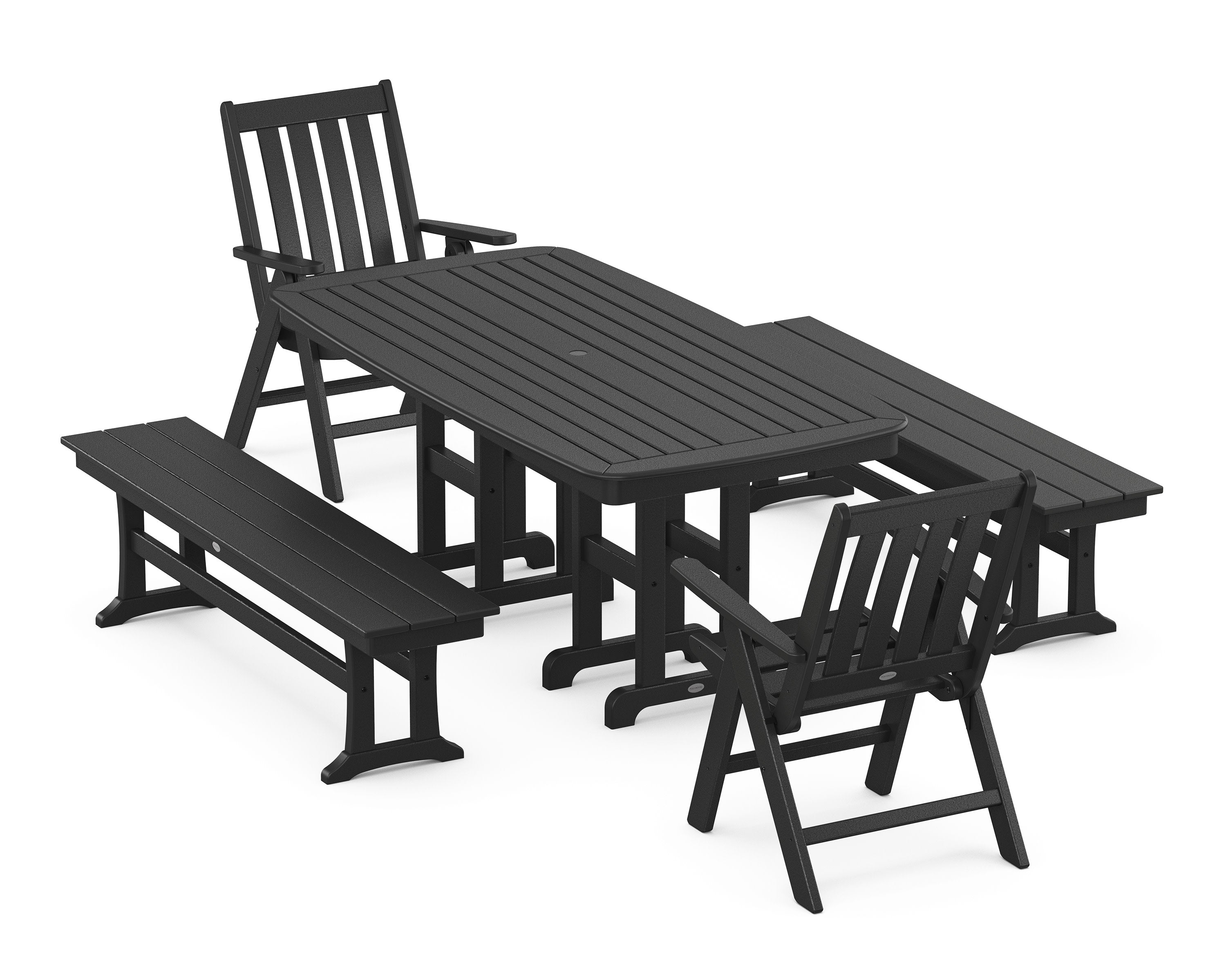 Vineyard Folding Chair 6-Piece Dining Set with Benches in Black