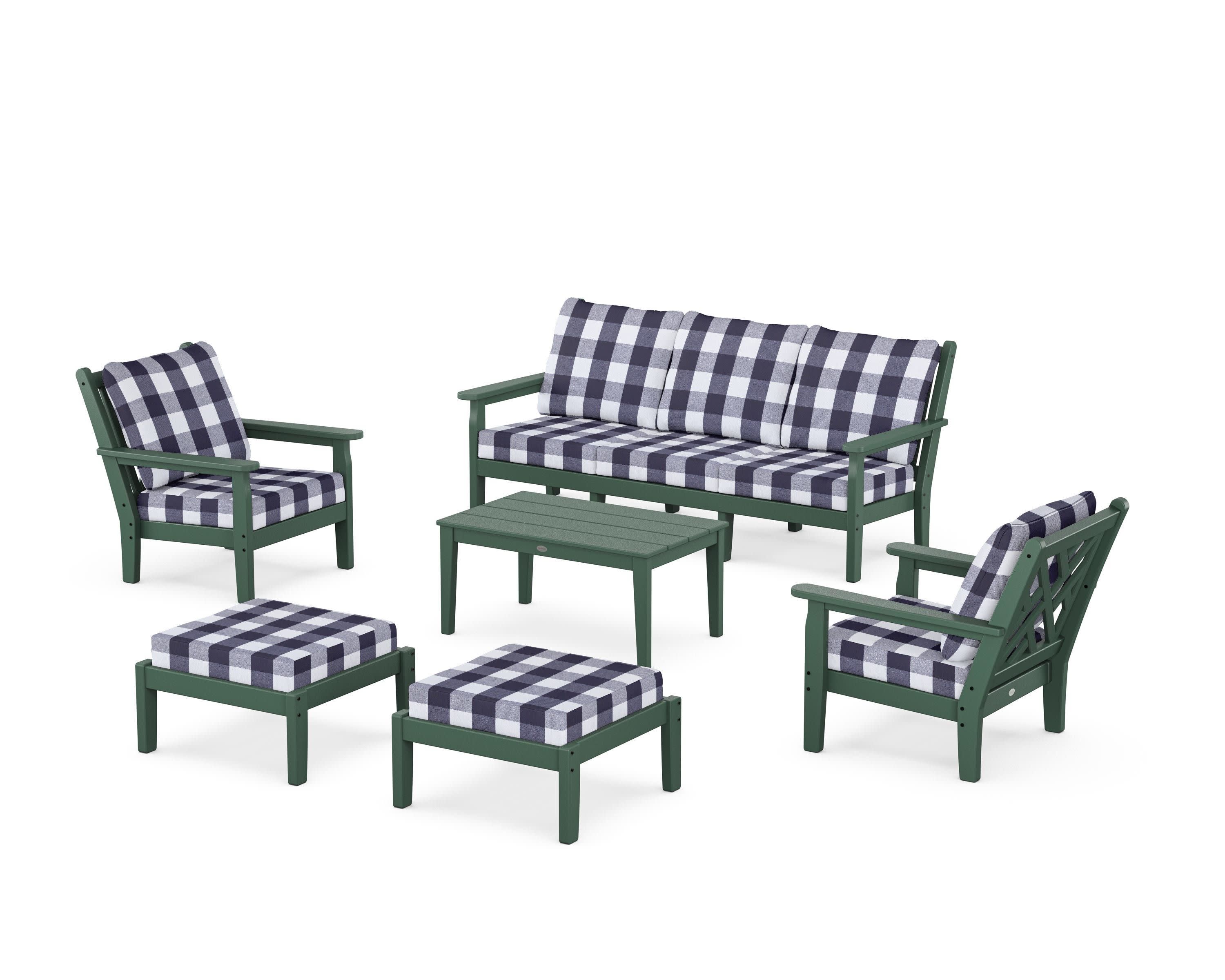 Chippendale 6-Piece Lounge Sofa Set in Green / Buffalo Plaid Navy