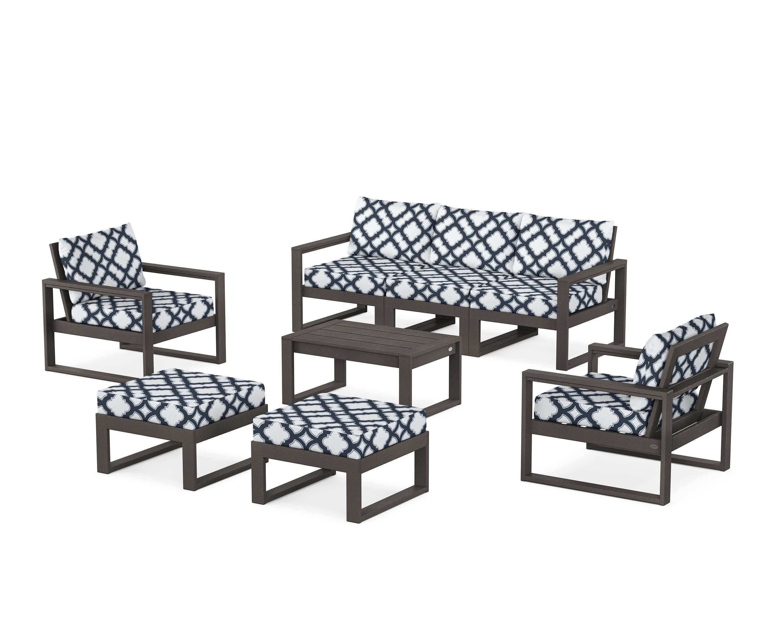 EDGE Sectional 8-Piece Lounge Sofa Set in Vintage Coffee / Trellis Marine Indigo