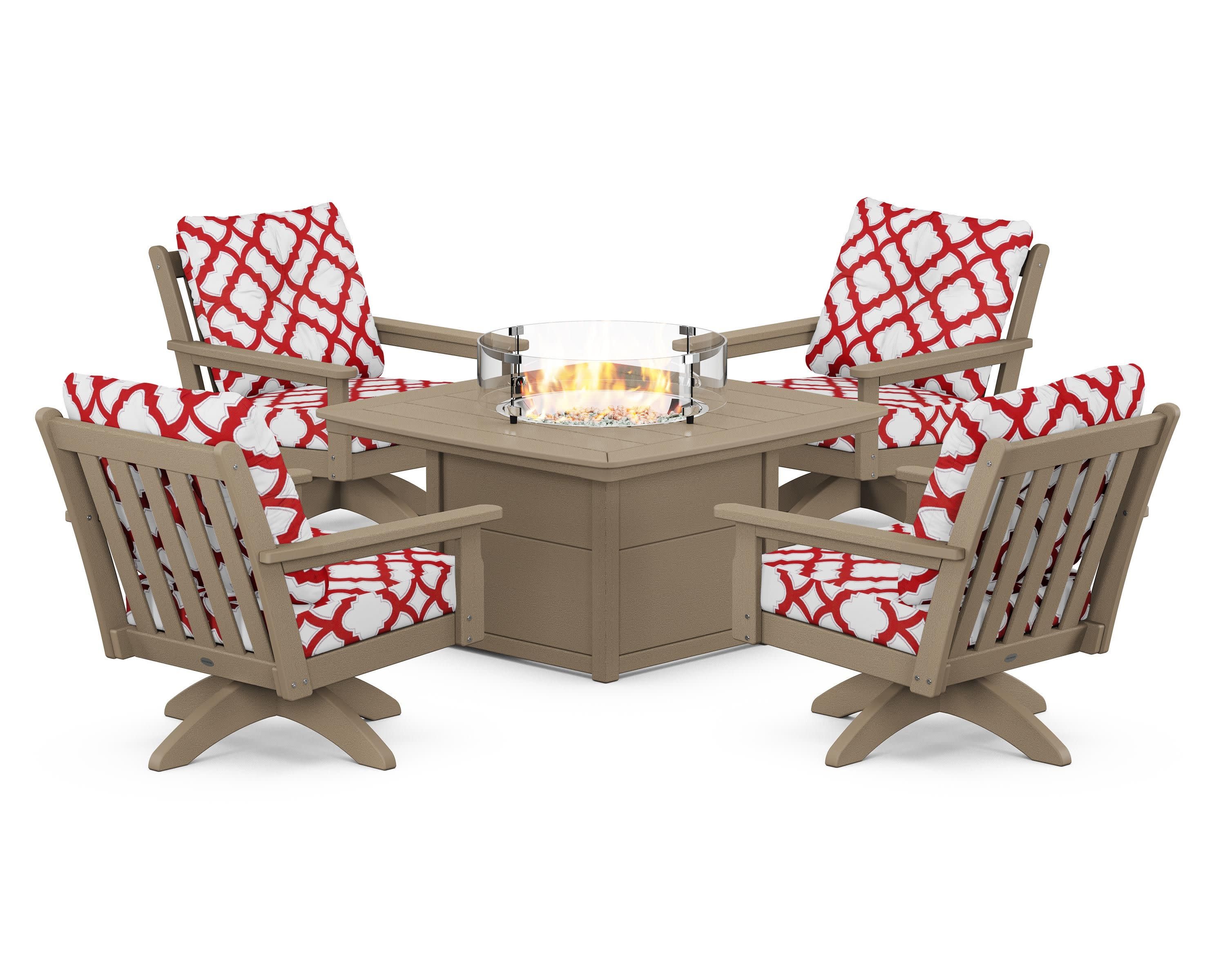 Vineyard 5-Piece Deep Seating Swivel Conversation Set with Fire Pit Table in Vintage Sahara / Trellis Crimson