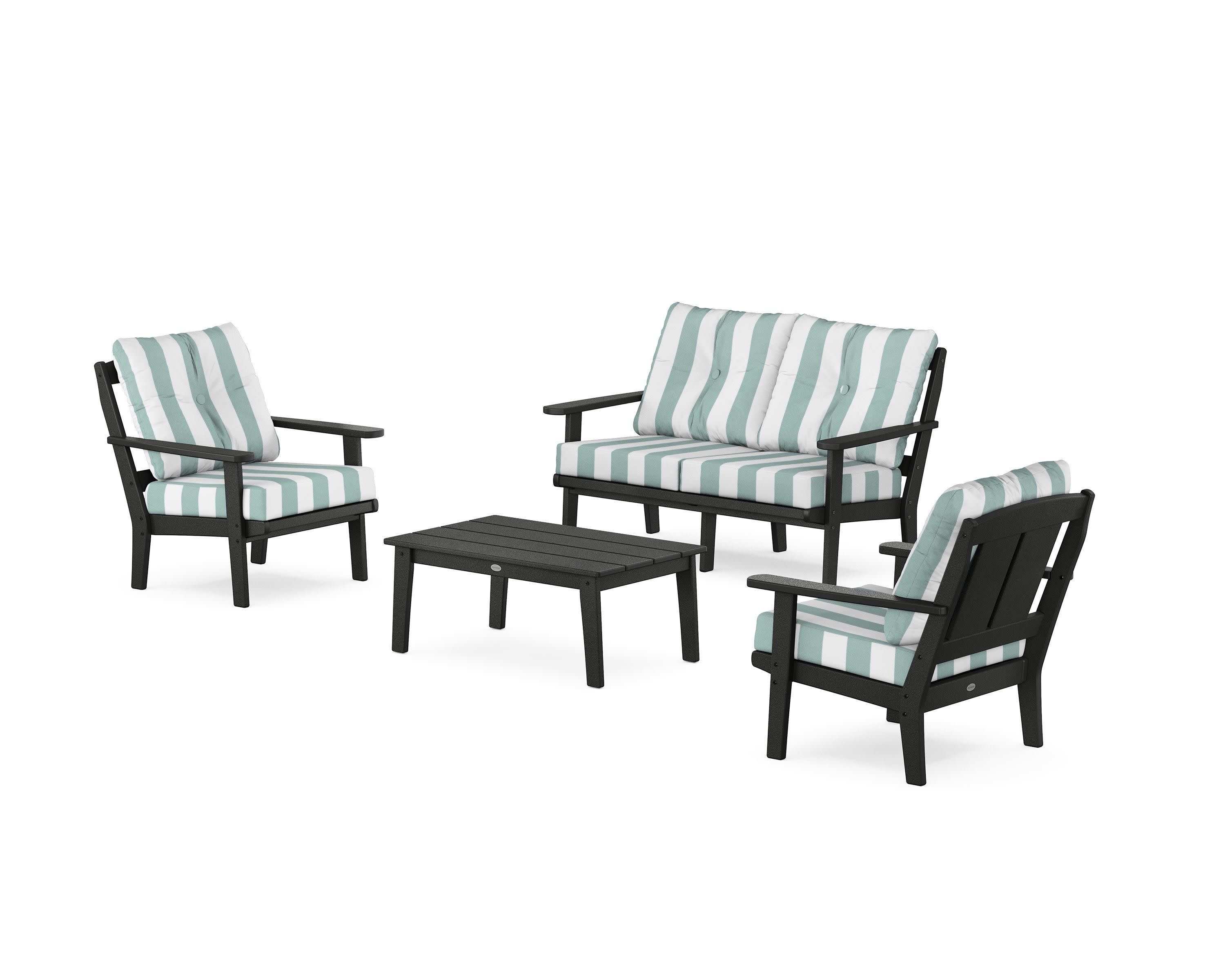 Mission 4-Piece Deep Seating Set with Loveseat in Black / Cabana Stripe Glacier Spa