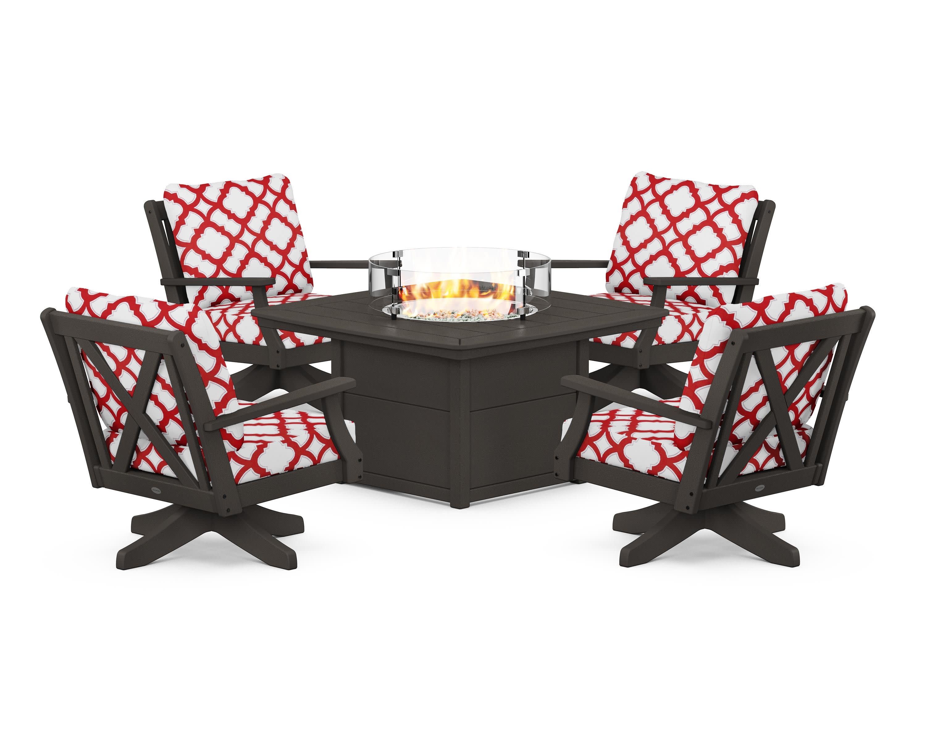 Braxton 5-Piece Deep Seating Swivel Conversation Set with Fire Pit Table in Vintage Coffee / Trellis Crimson