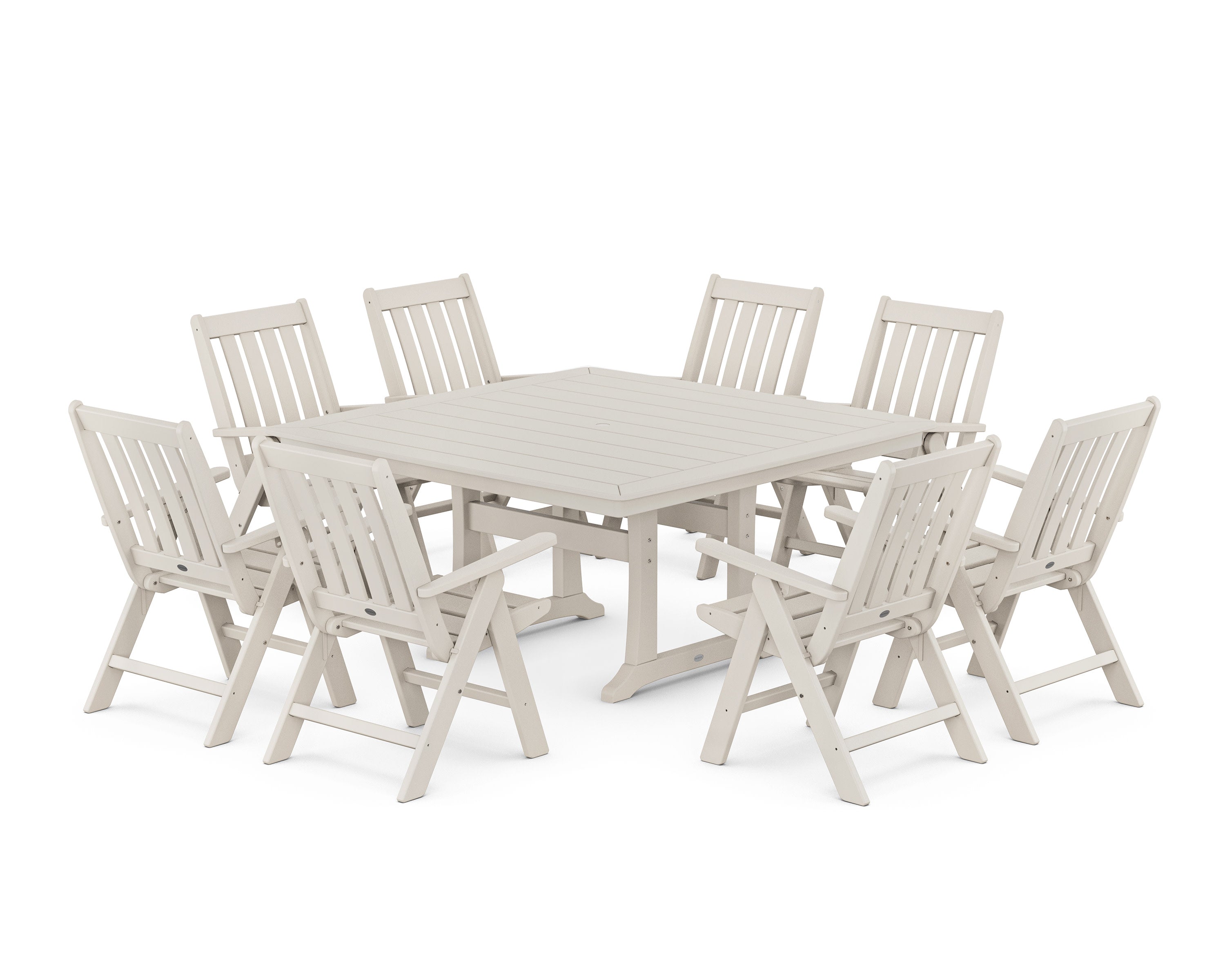 Vineyard Folding Chair 9-Piece Square Dining Set with Trestle Legs in Sand