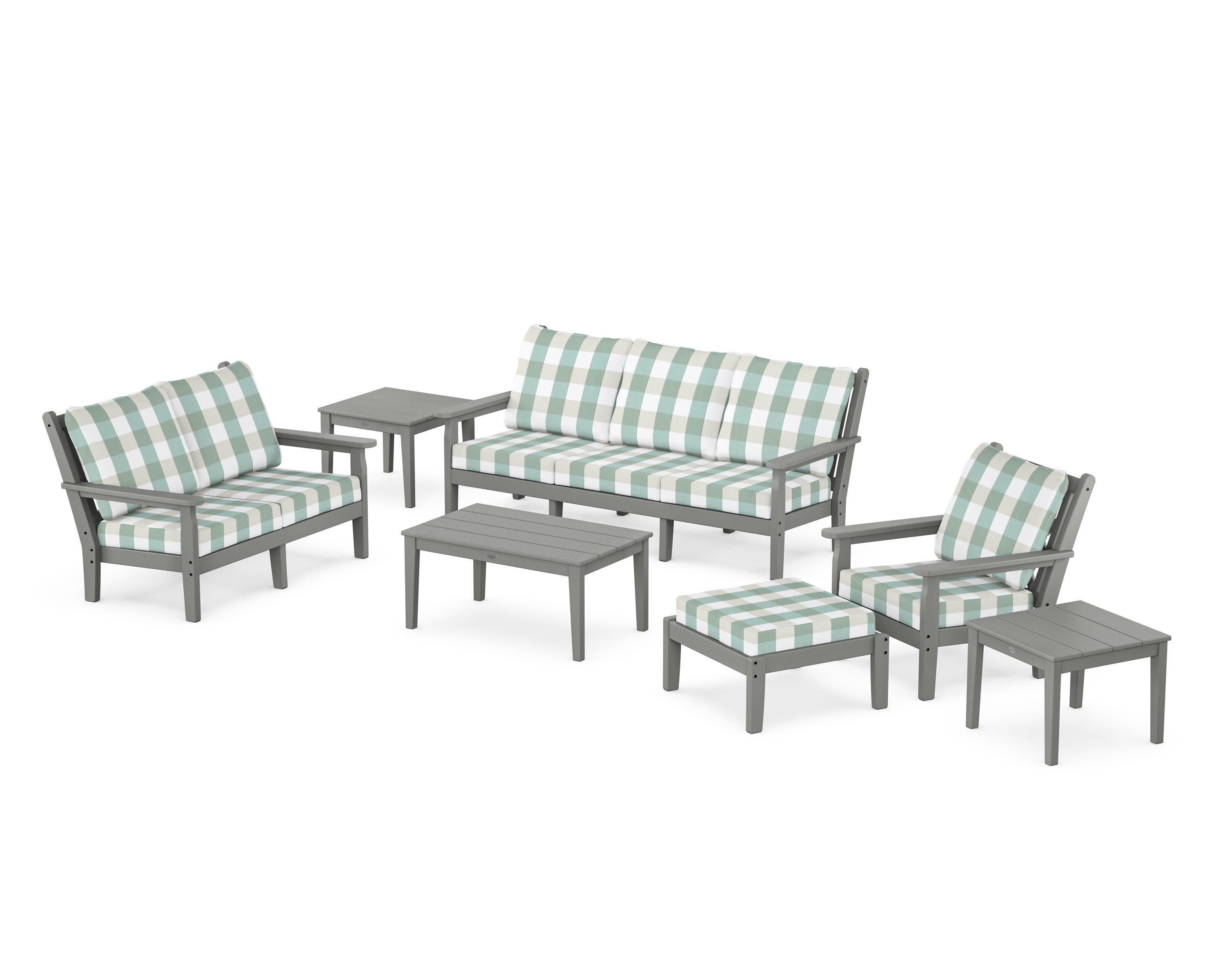 Chippendale 7-Piece Deep Seating Set in Slate Grey / Buffalo Plaid Glacier Spa