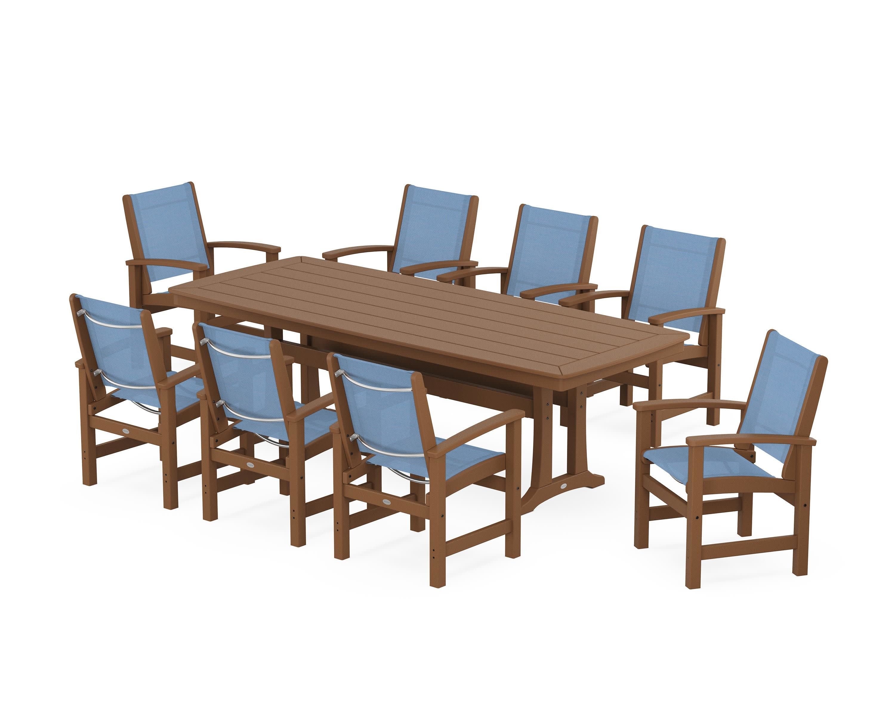 Coastal 9-Piece Dining Set with Trestle Legs in Teak / Poolside Sling