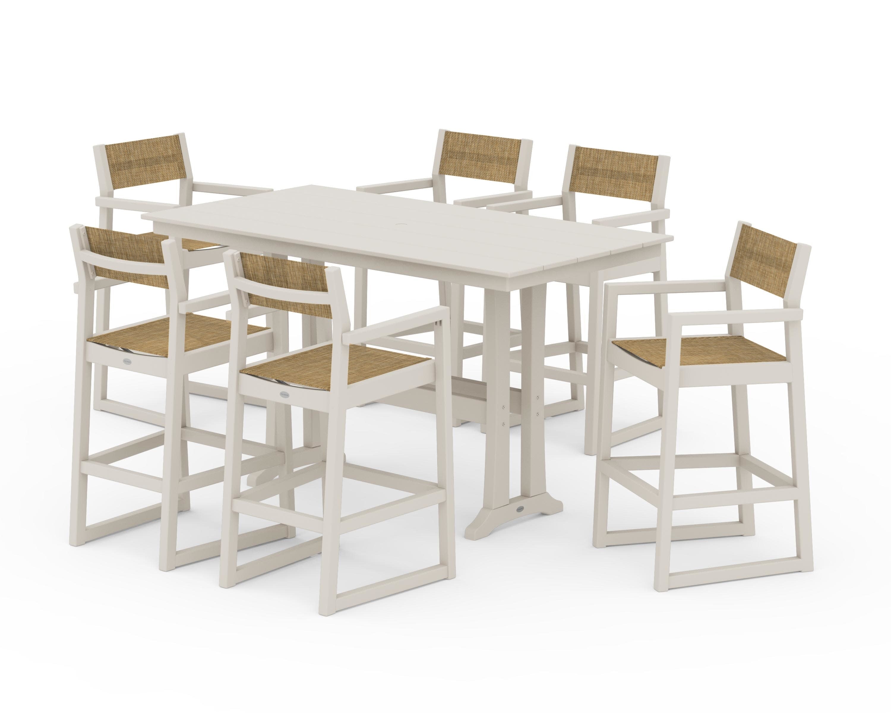EDGE Sling Arm Chair 7-Piece Farmhouse Bar Set with Trestle Legs in Sand / Burlap Sling