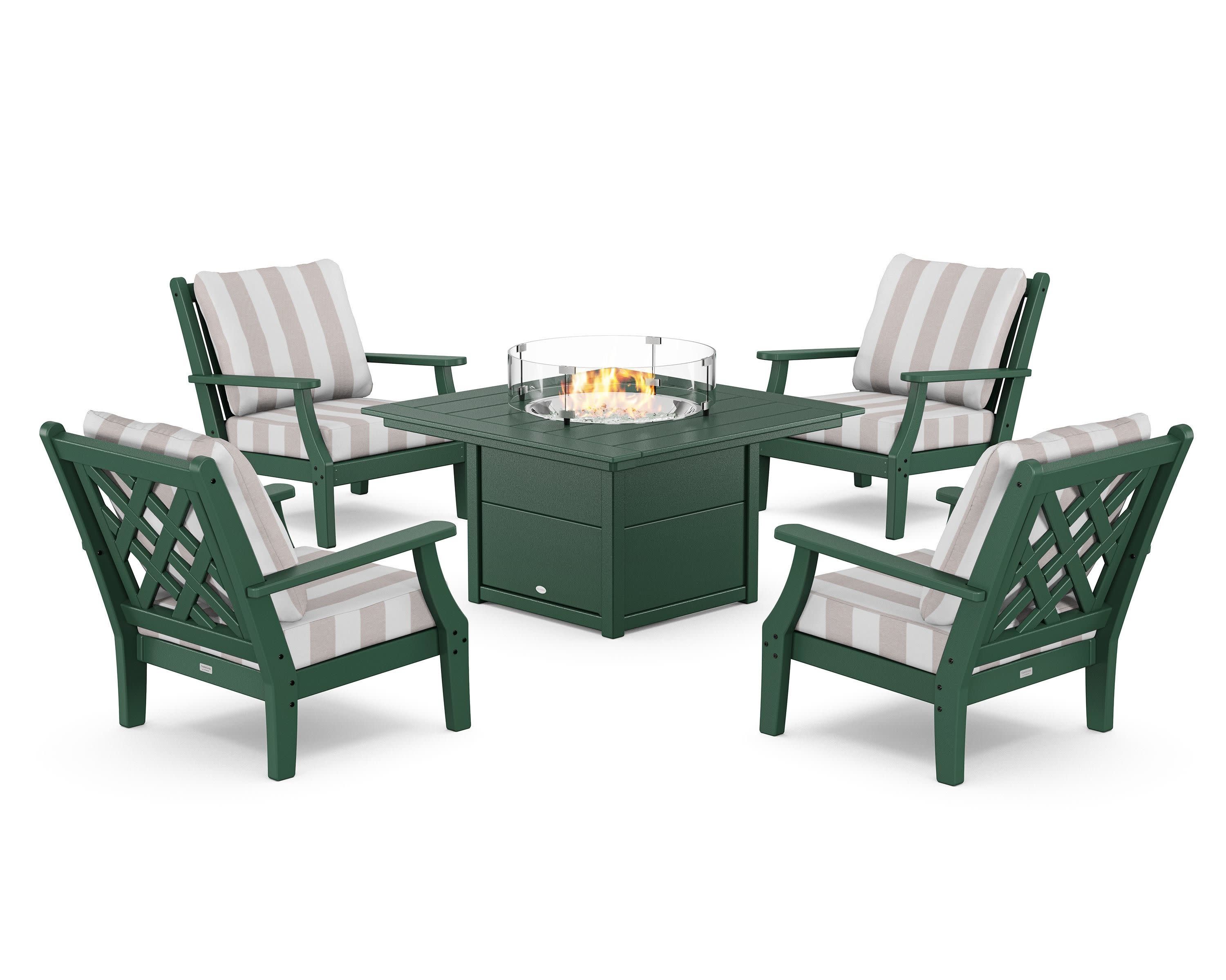 Wovendale 5-Piece Deep Seating Set with Fire Pit Table in Green / Cabana Stripe Dune Burlap