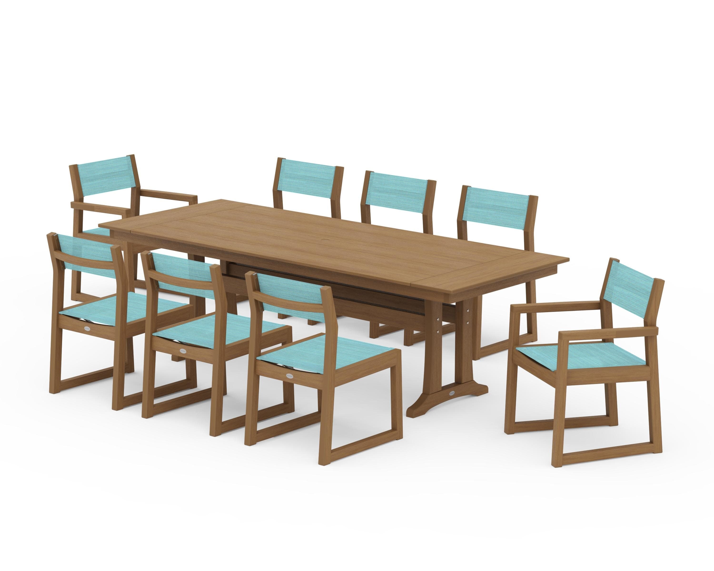 EDGE Sling 9-Piece Farmhouse Trestle Dining Set in Natural / Dupioni Aquamarine Sling