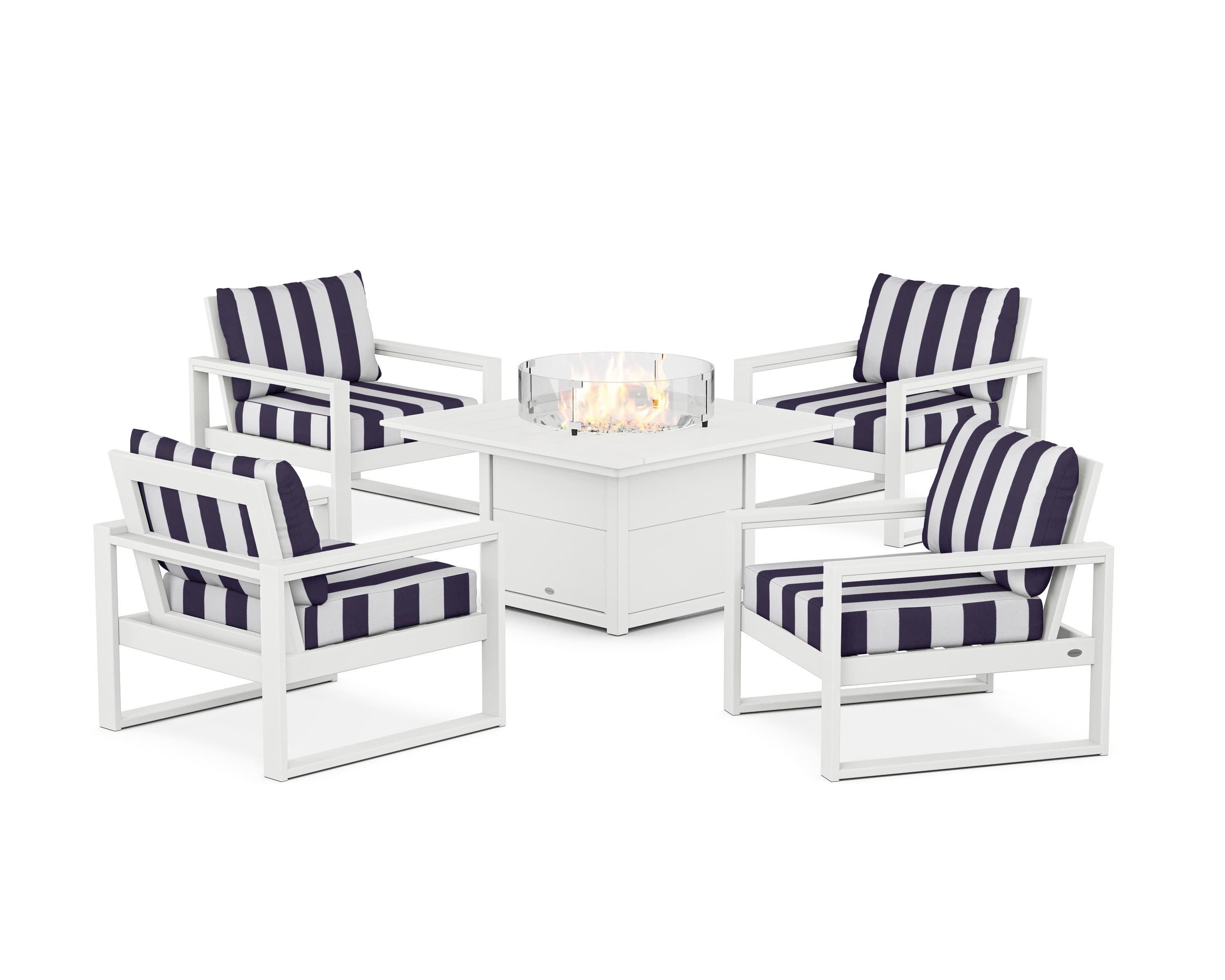 EDGE Sectional 5-Piece Deep Seating Set with Fire Pit Table in White / Cabana Stripe Navy
