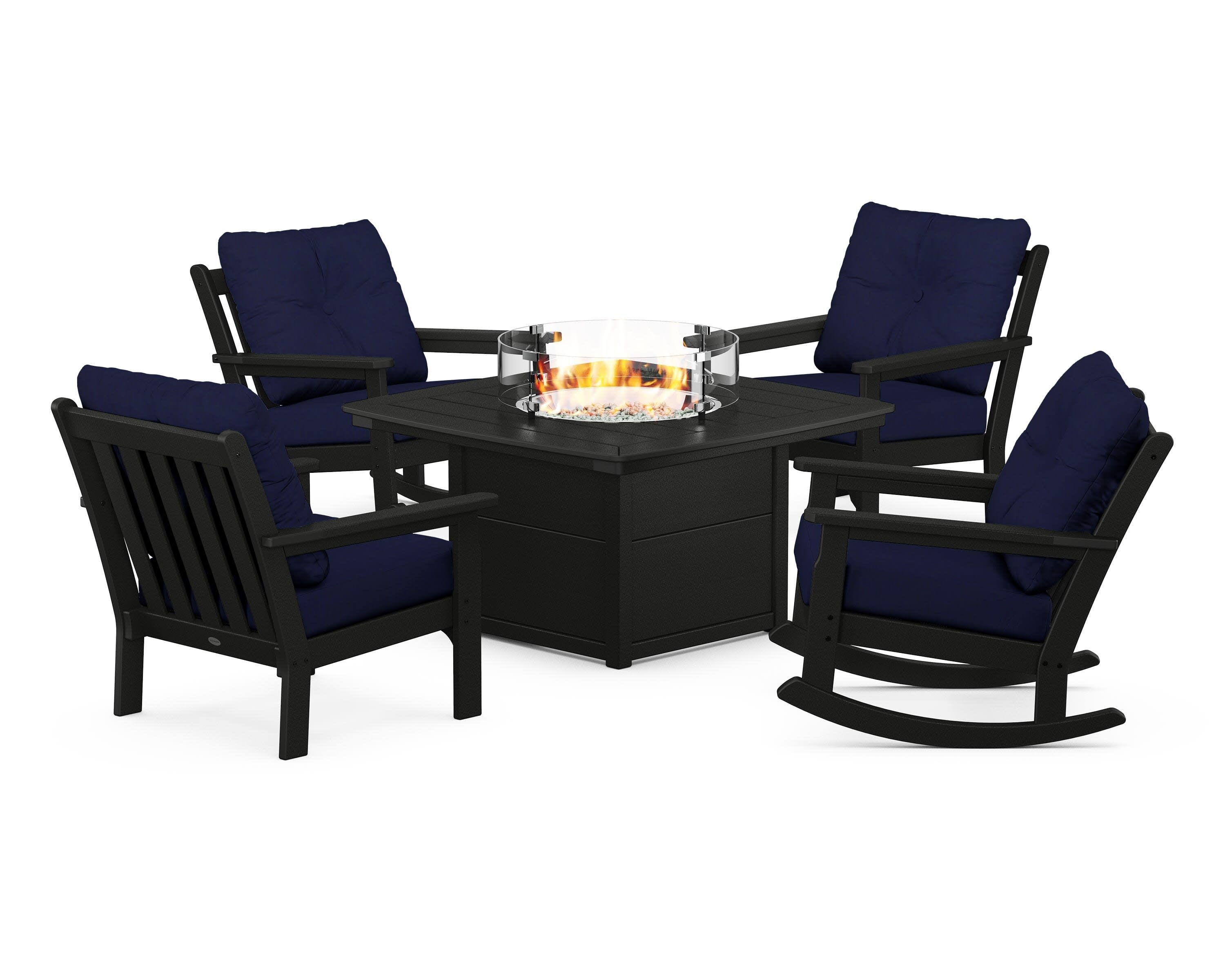 Vineyard 5-Piece Deep Seating Rocking Chair Conversation Set with Fire Pit Table in Black / Navy