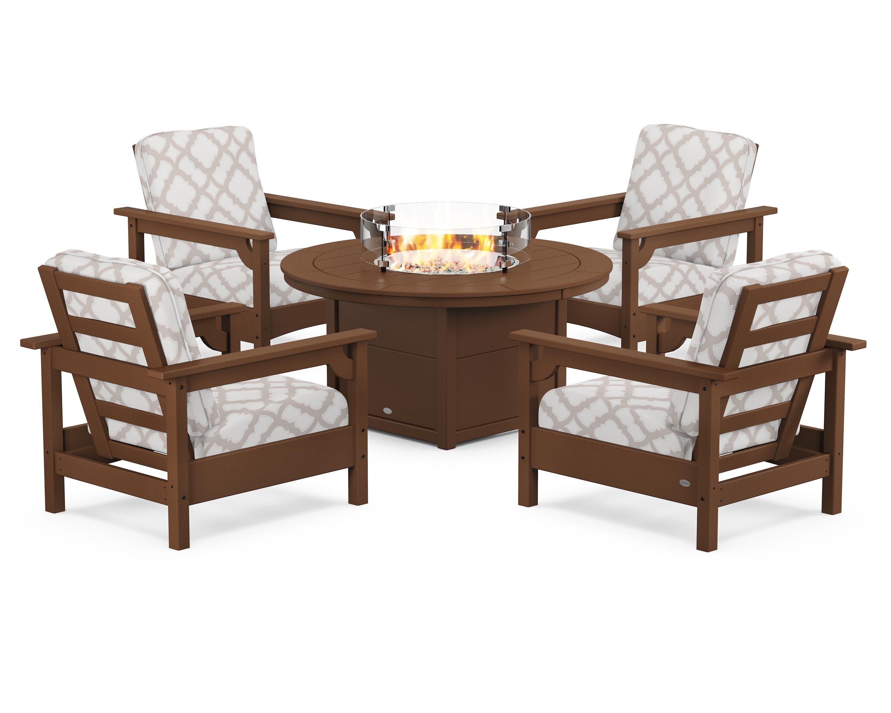 Club 5-Piece Conversation Set with Fire Pit Table in Teak / Trellis Dune Burlap