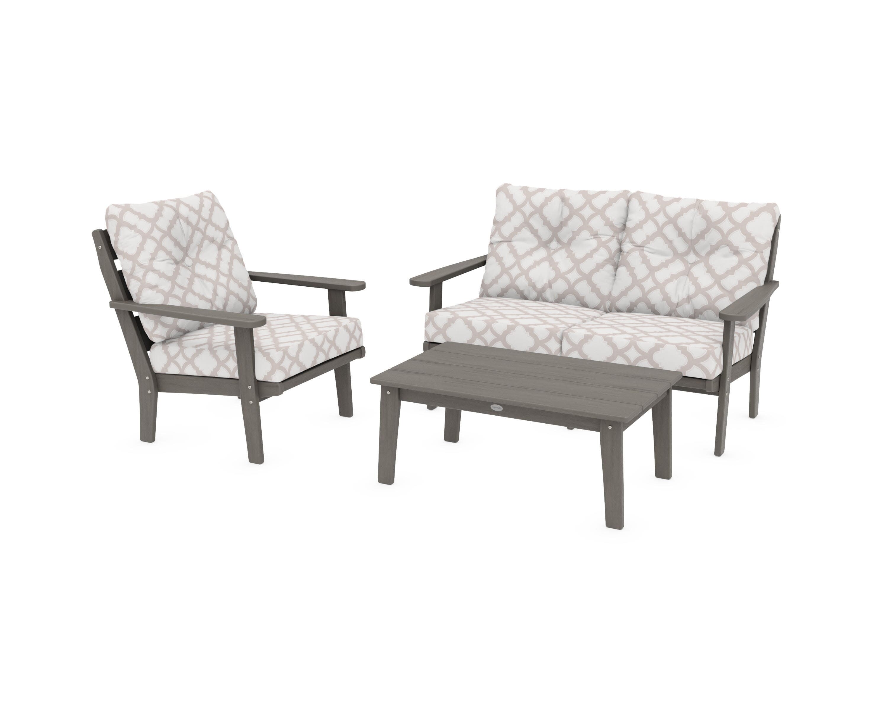 Lakeside 3-Piece Deep Seating Set in Driftwood / Trellis Dune Burlap