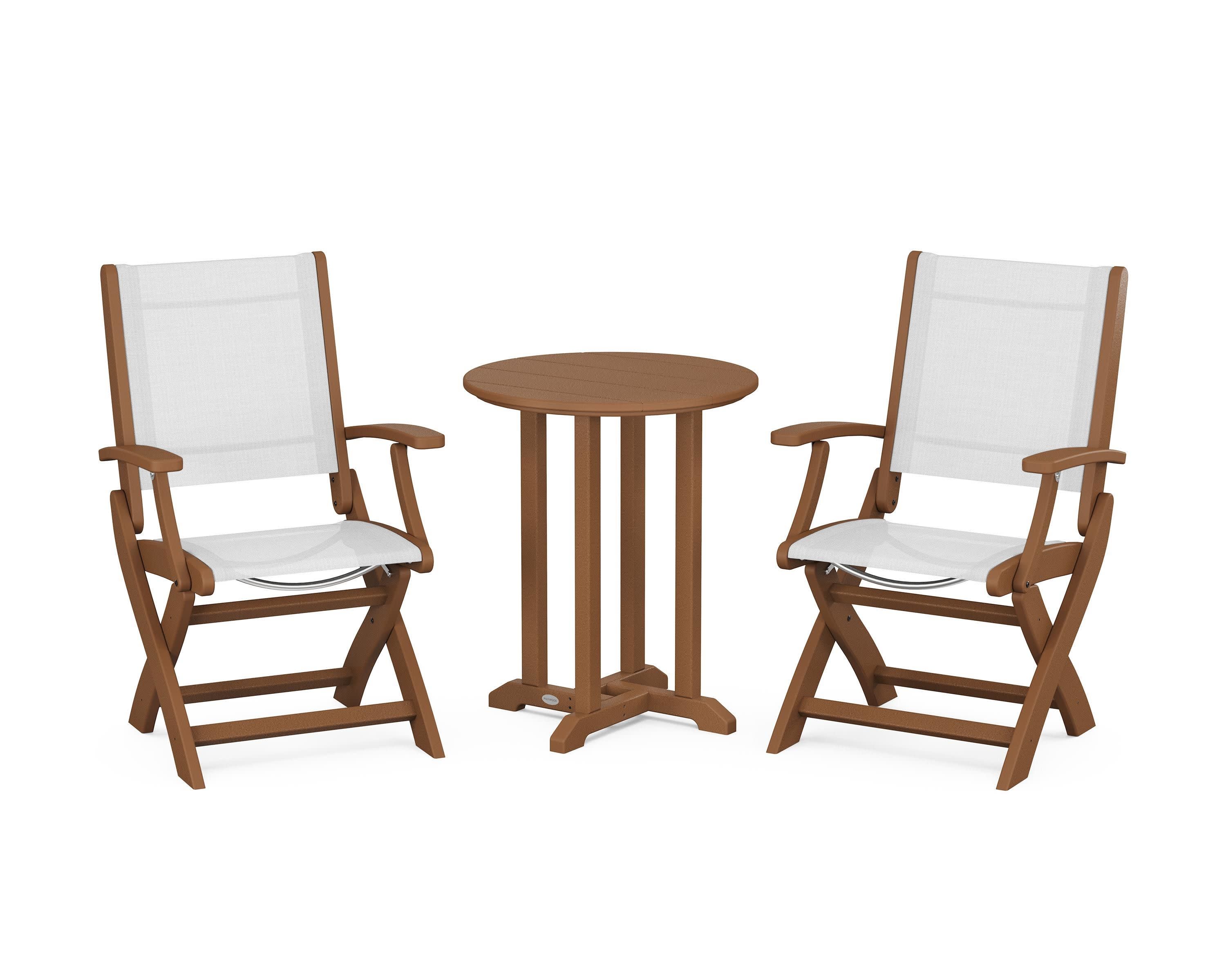 Coastal Folding 3-Piece Round Bistro Dining Set in Teak / White Sling