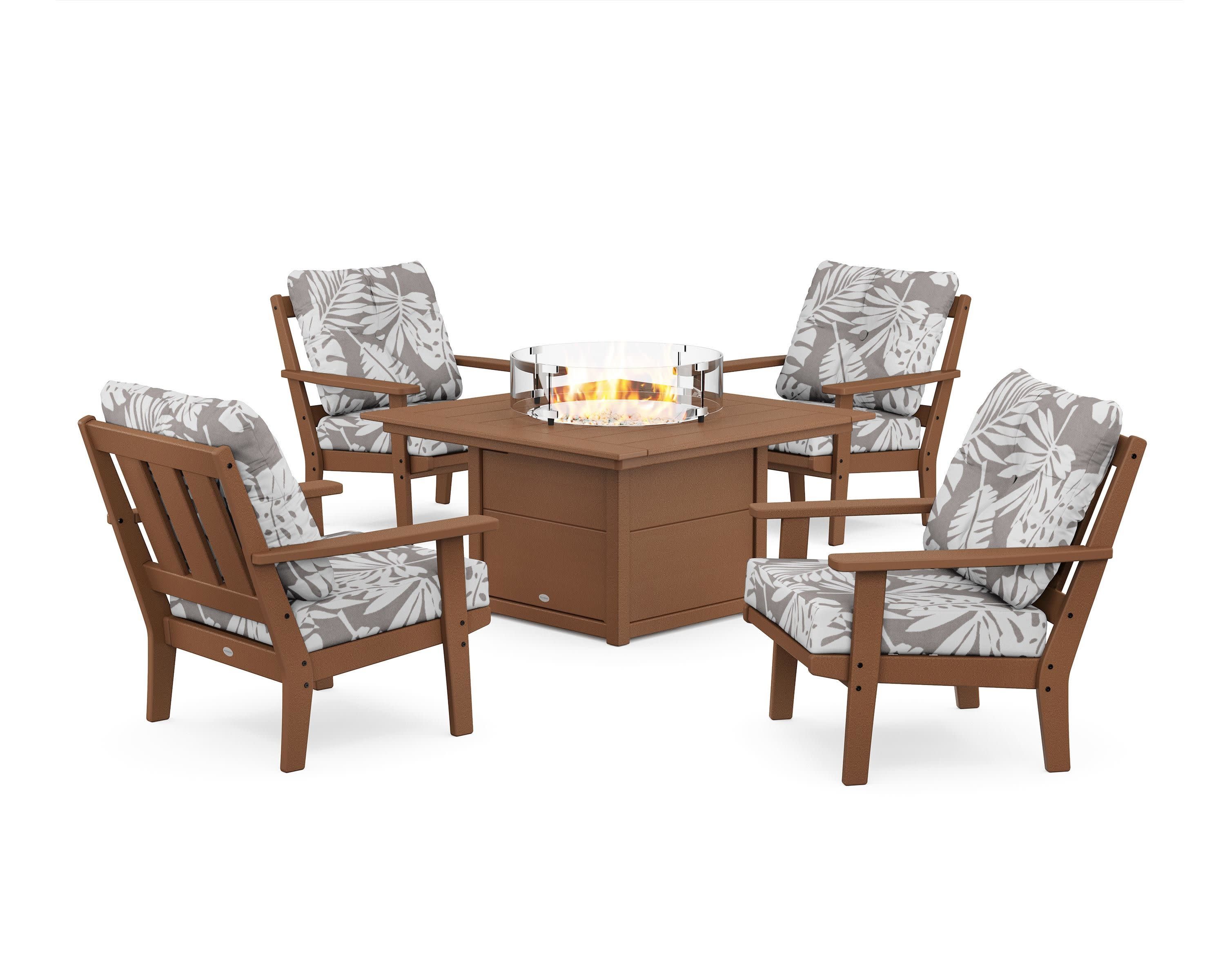 Oxford 5-Piece Deep Seating Set with Fire Pit Table in Teak / Leaf Grey Mist