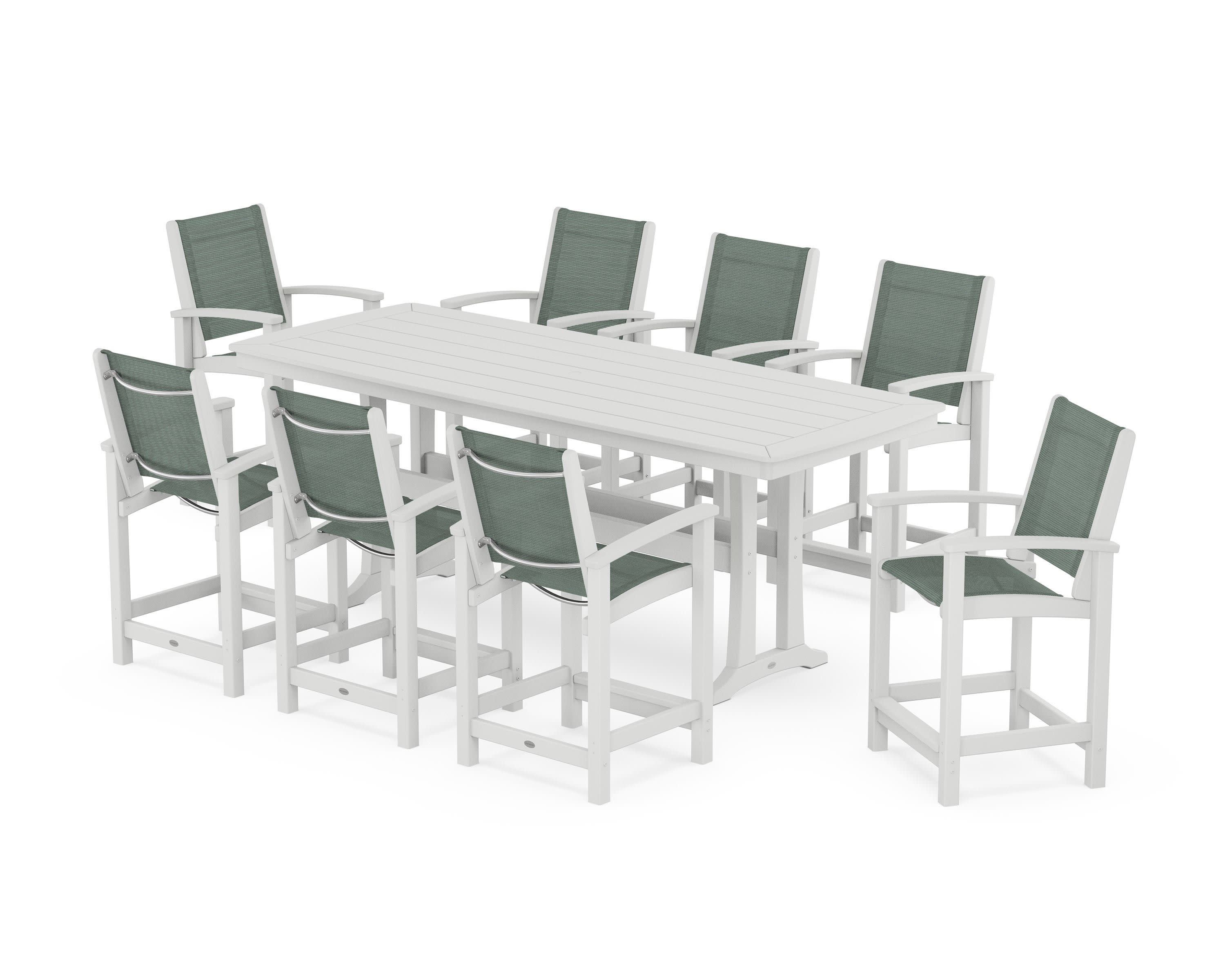 Coastal 9-Piece Counter Set with Trestle Legs in White / Dupioni Sea Mist Sling