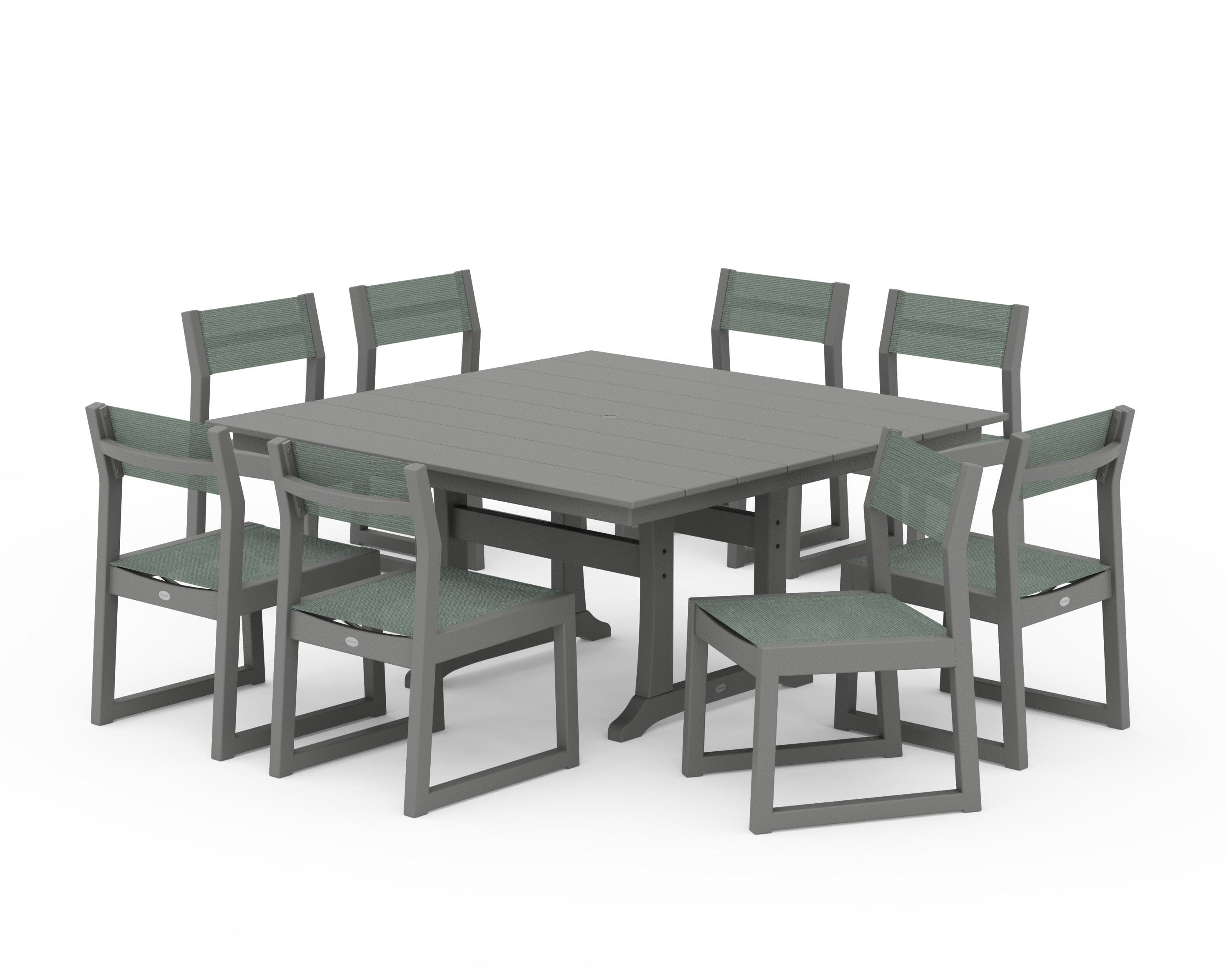EDGE Sling Side Chair 9-Piece Farmhouse Trestle Dining Set in Slate Grey / Dupioni Sea Mist Sling