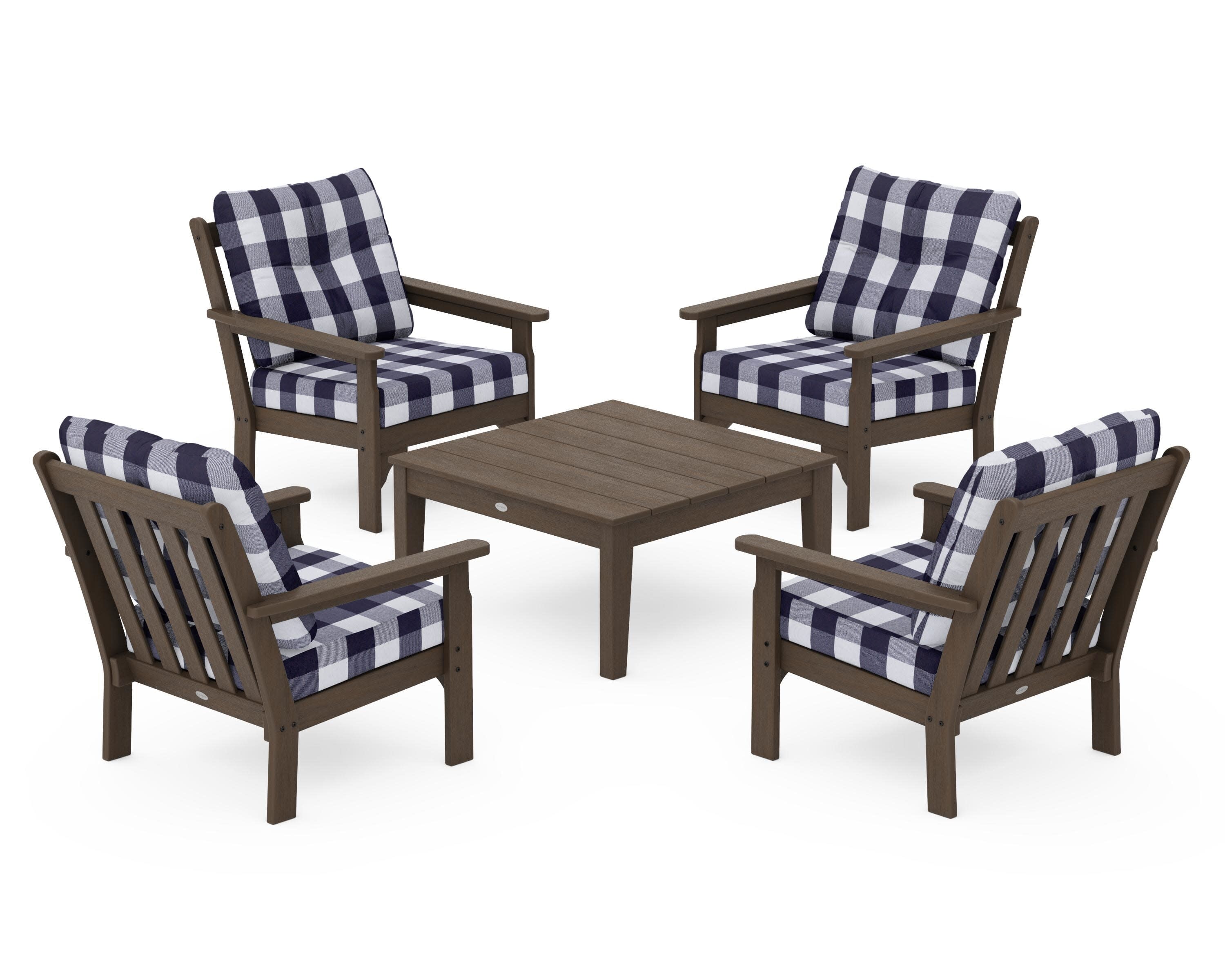 Vineyard 5-Piece Deep Seating Conversation Set in Kona / Buffalo Plaid Navy