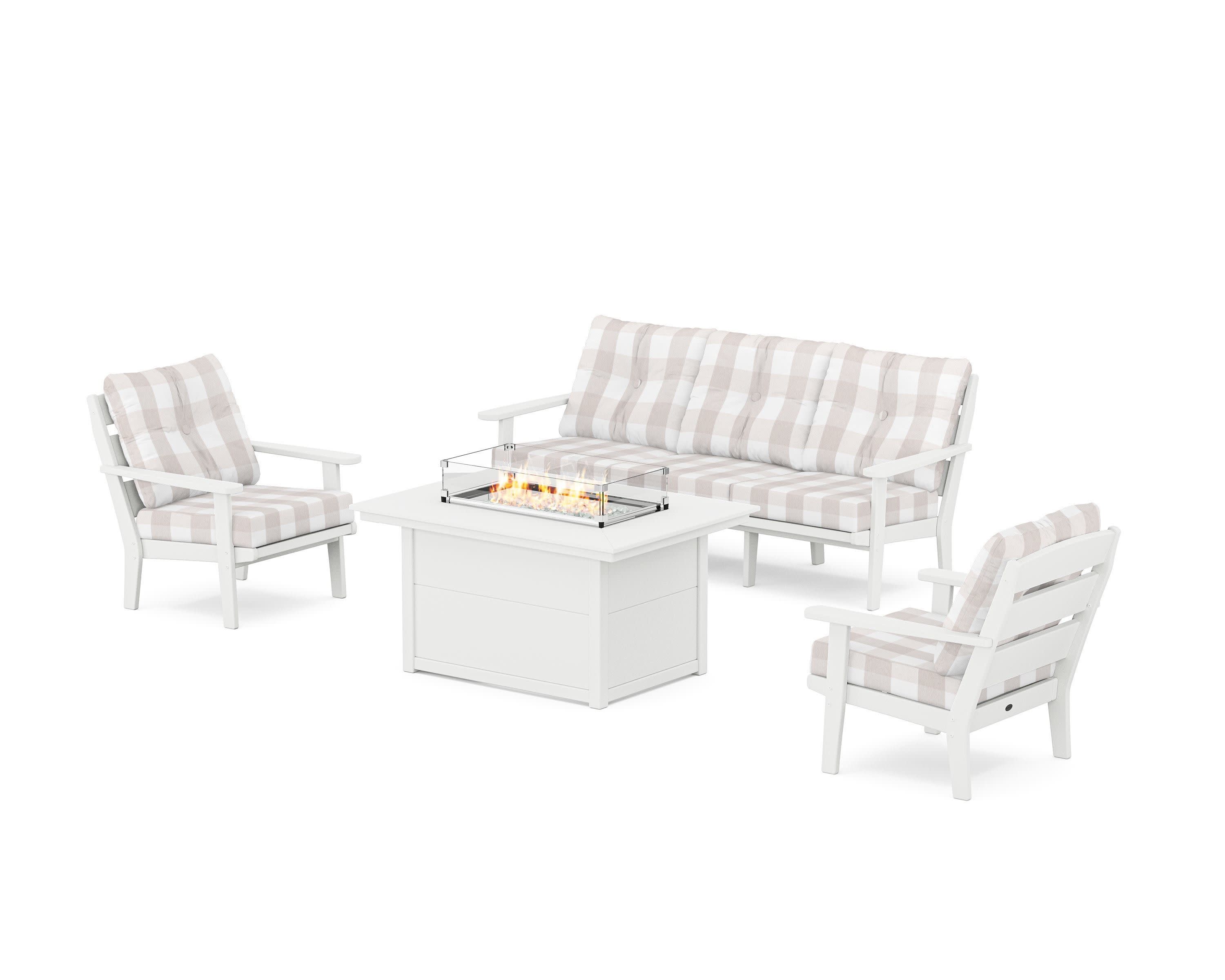 Lakeside Deep Seating Fire Pit Table Set in White / Buffalo Plaid Dune Burlap