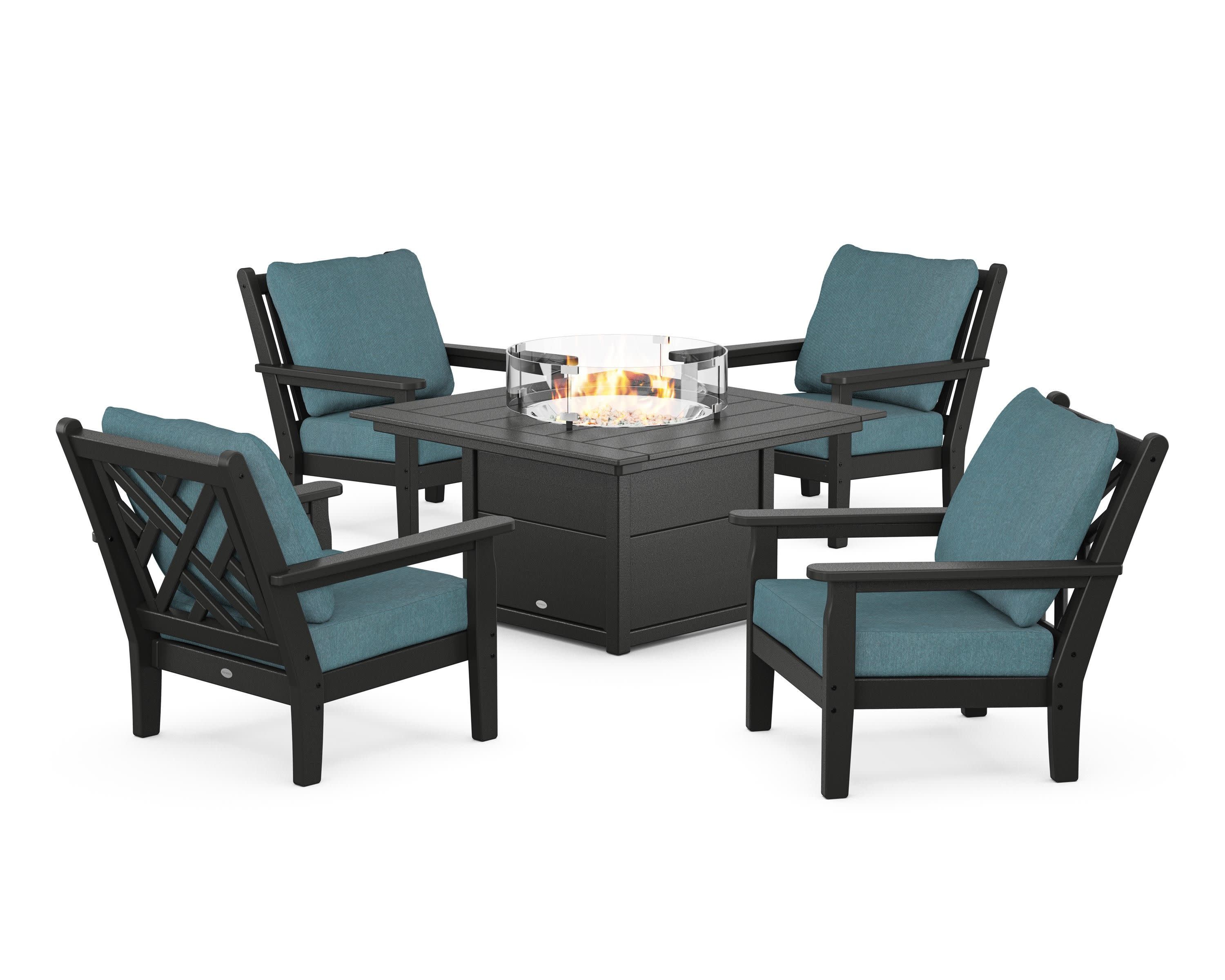 Chippendale 5-Piece Deep Seating Set with Fire Pit Table in Black / Ocean Teal