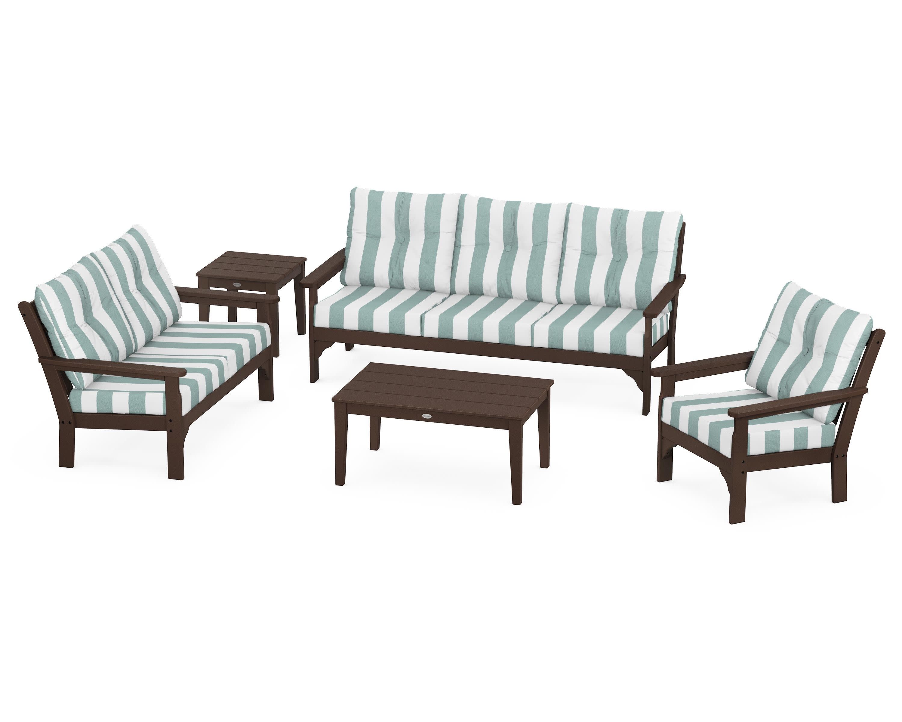 Vineyard 5 Piece Deep Seating Set in Mahogany / Cabana Stripe Glacier Spa