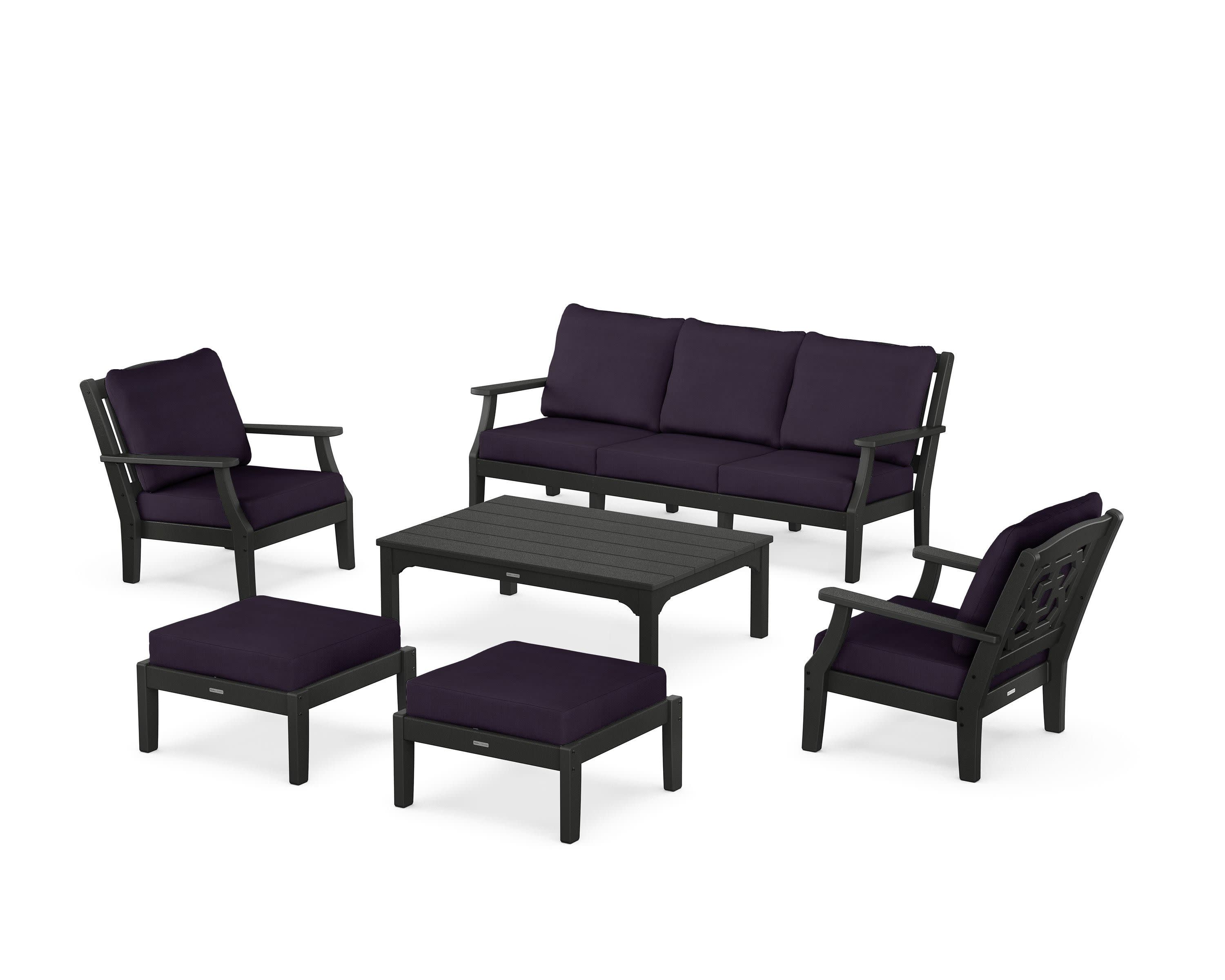 Chinoiserie 6-Piece Lounge Sofa Set in Black / Navy Linen
