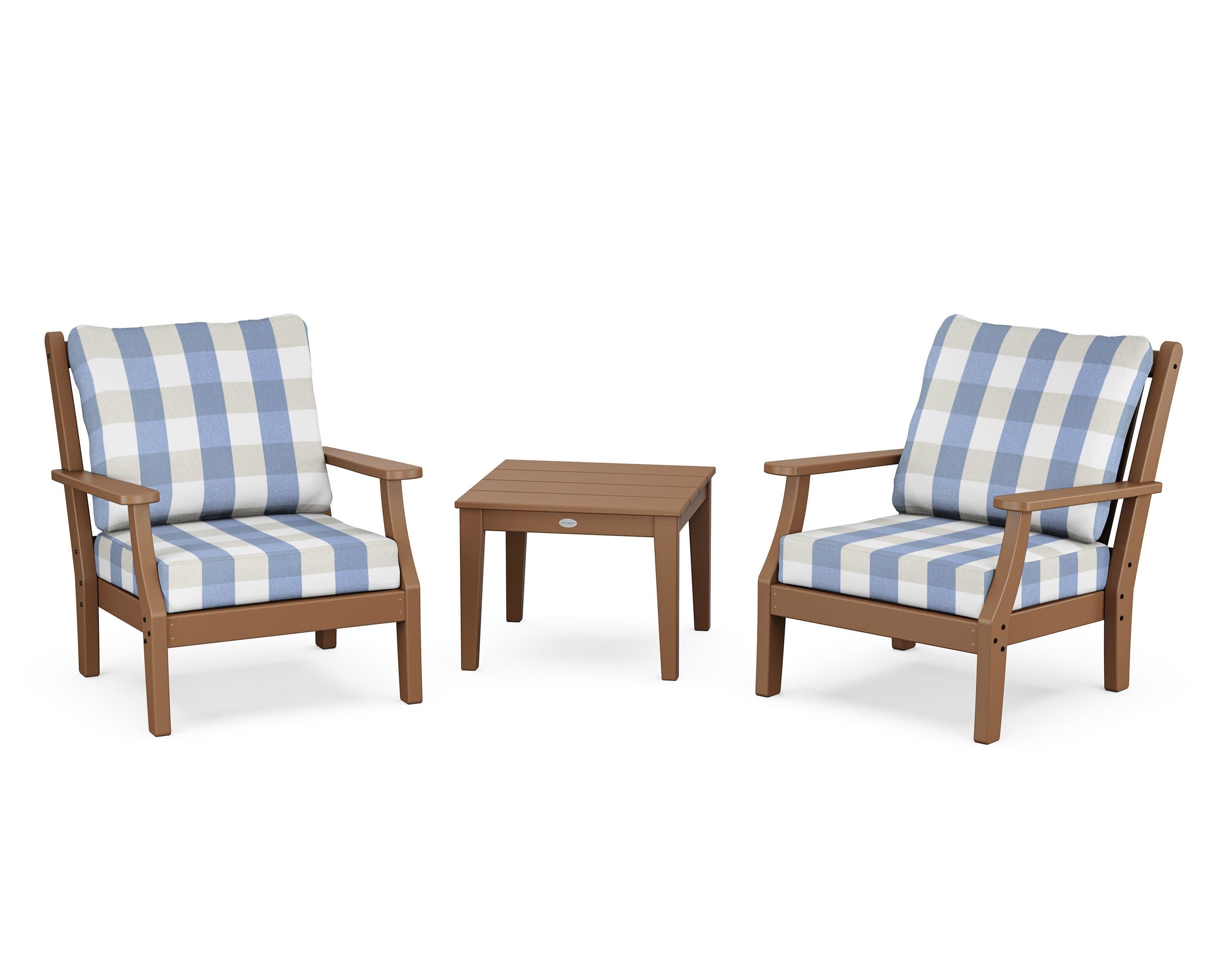 Wovendale 3-Piece Deep Seating Set in Teak / Buffalo Plaid Sky Blue