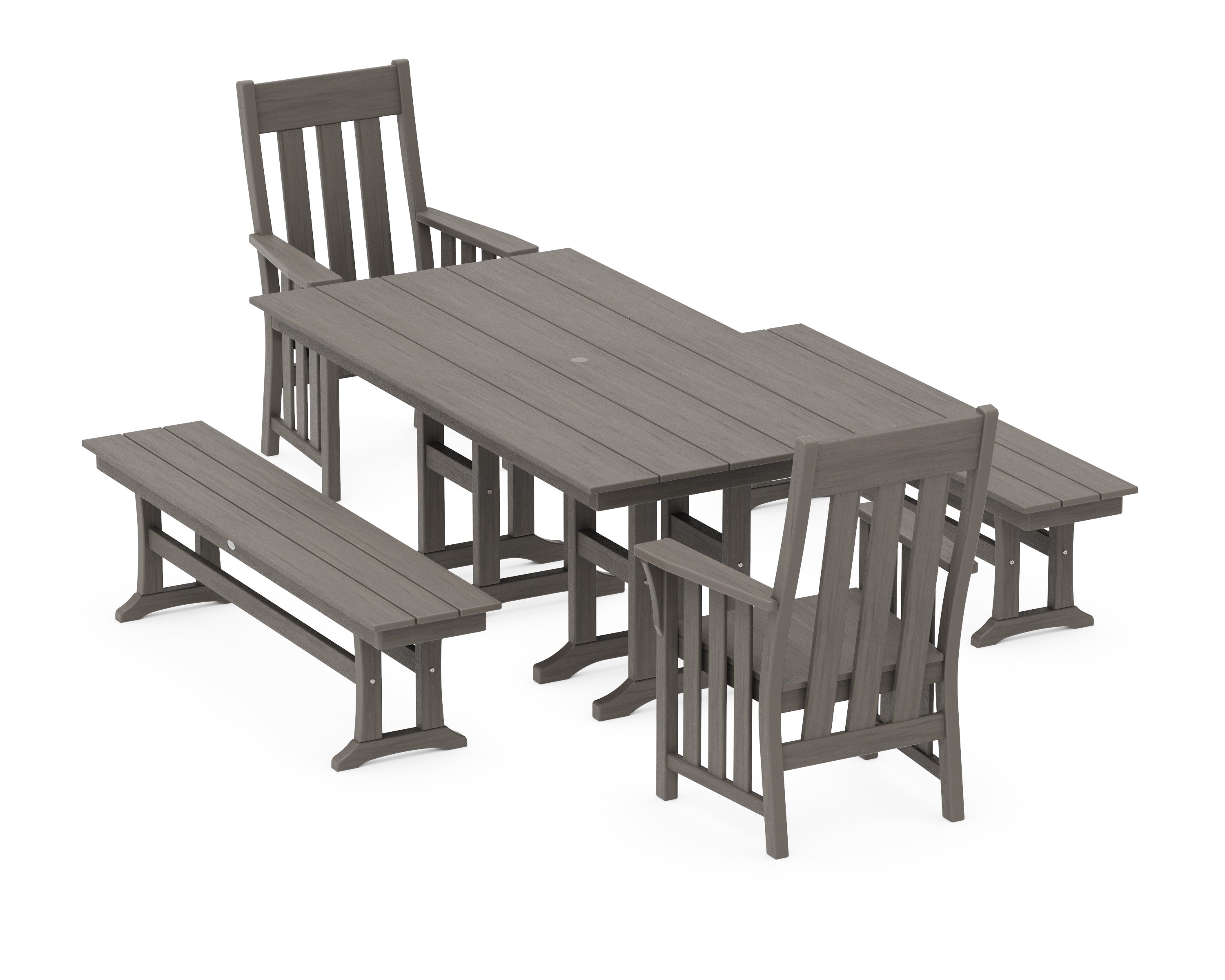 Acadia 5-Piece Farmhouse Dining Set with Benches in Driftwood