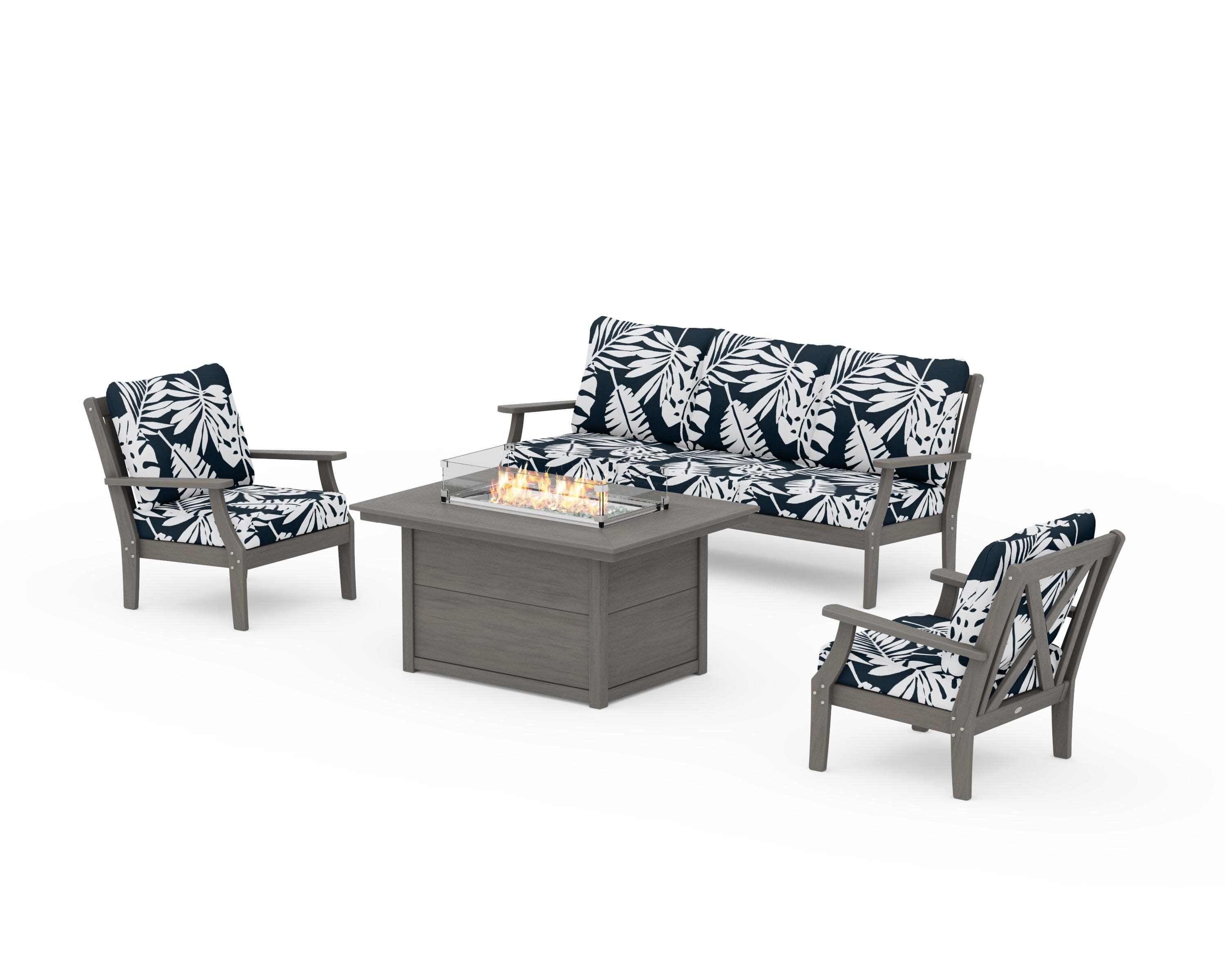 Braxton Deep Seating Fire Pit Table Set in Driftwood / Leaf Marine Indigo