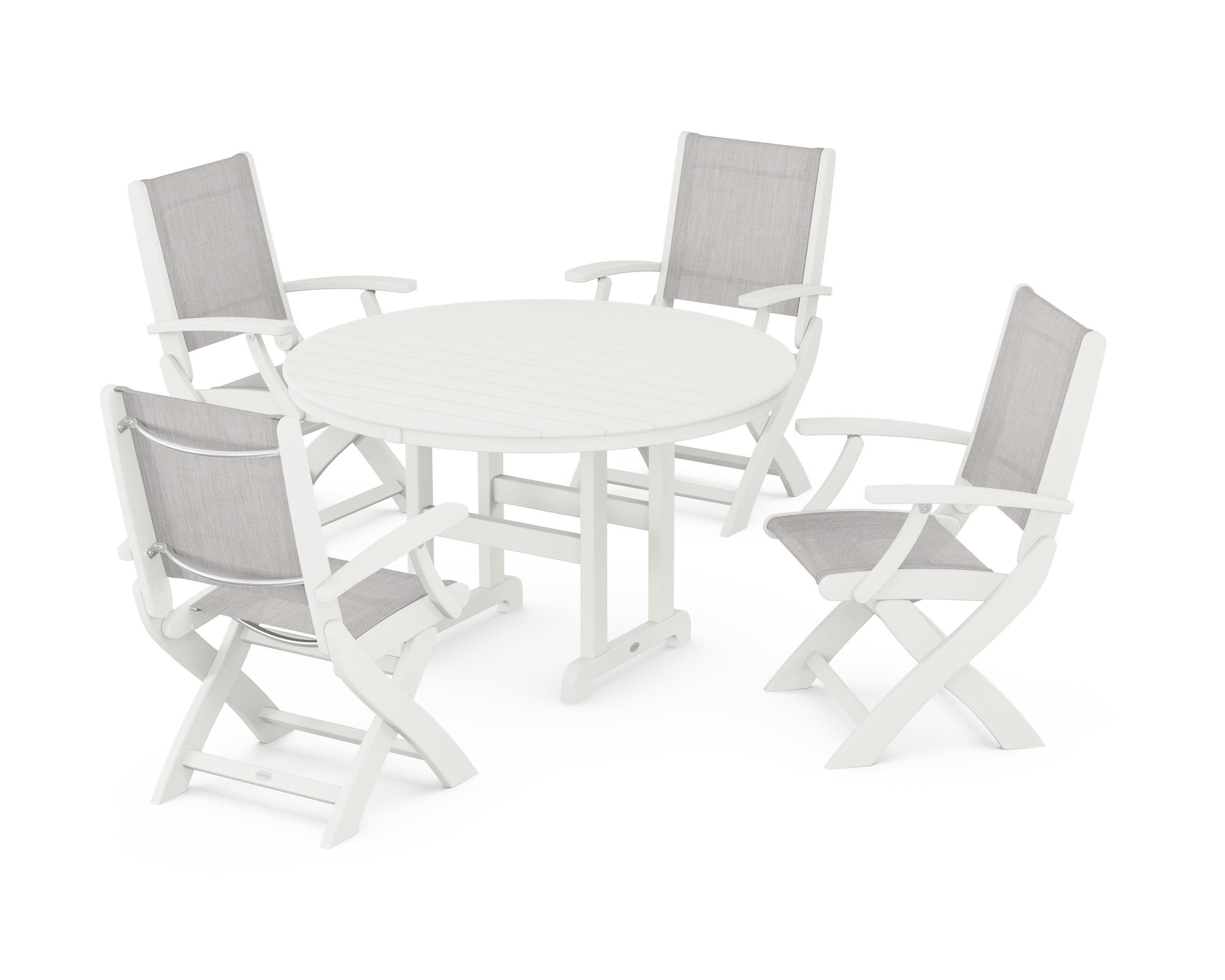 Coastal Folding Chair 5-Piece Round Dining Set in Vintage White / Parchment Sling